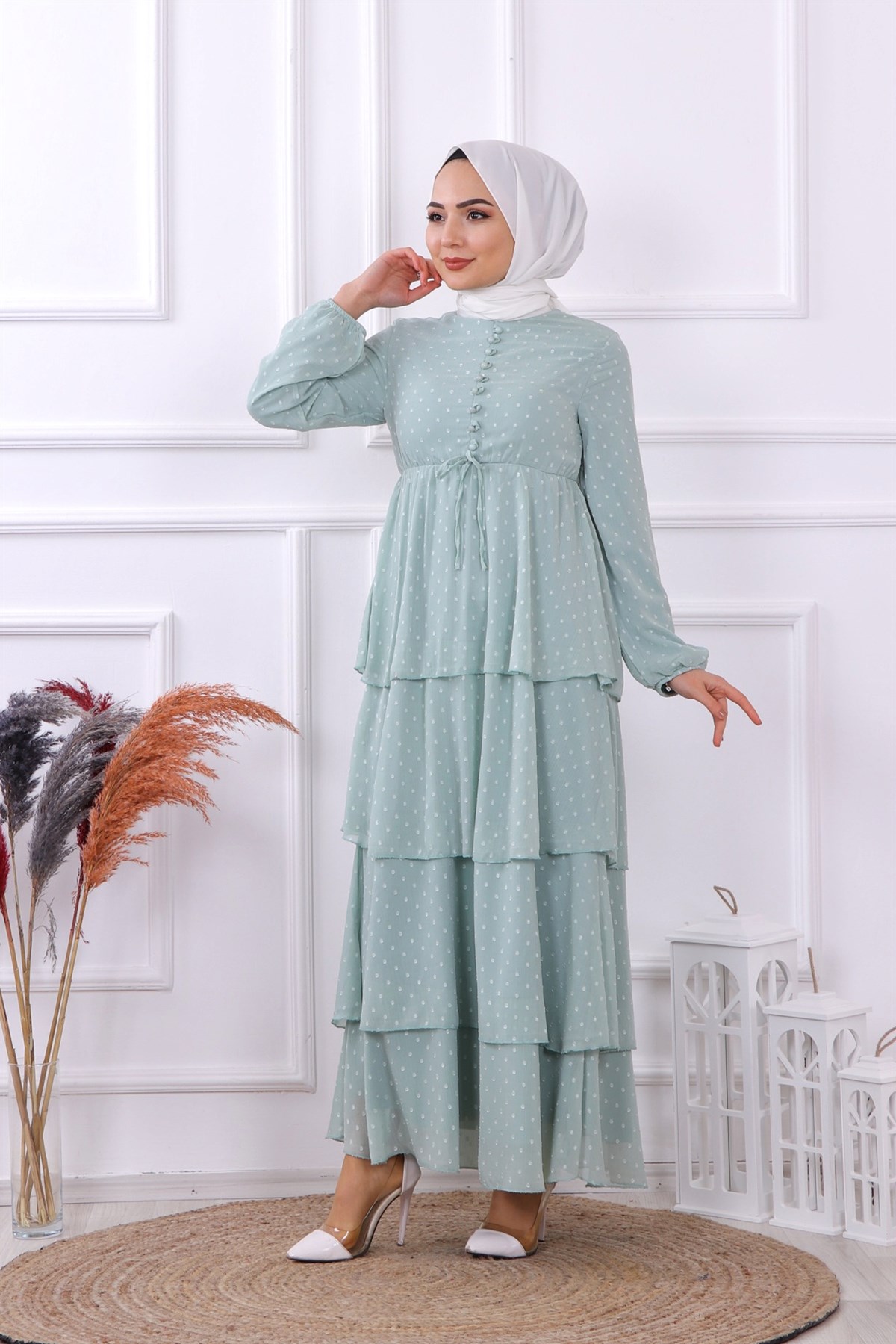 GRBZ PONPON DETAYLI KAT KAT SİYAH ELBİSE SU YEŞİLİ