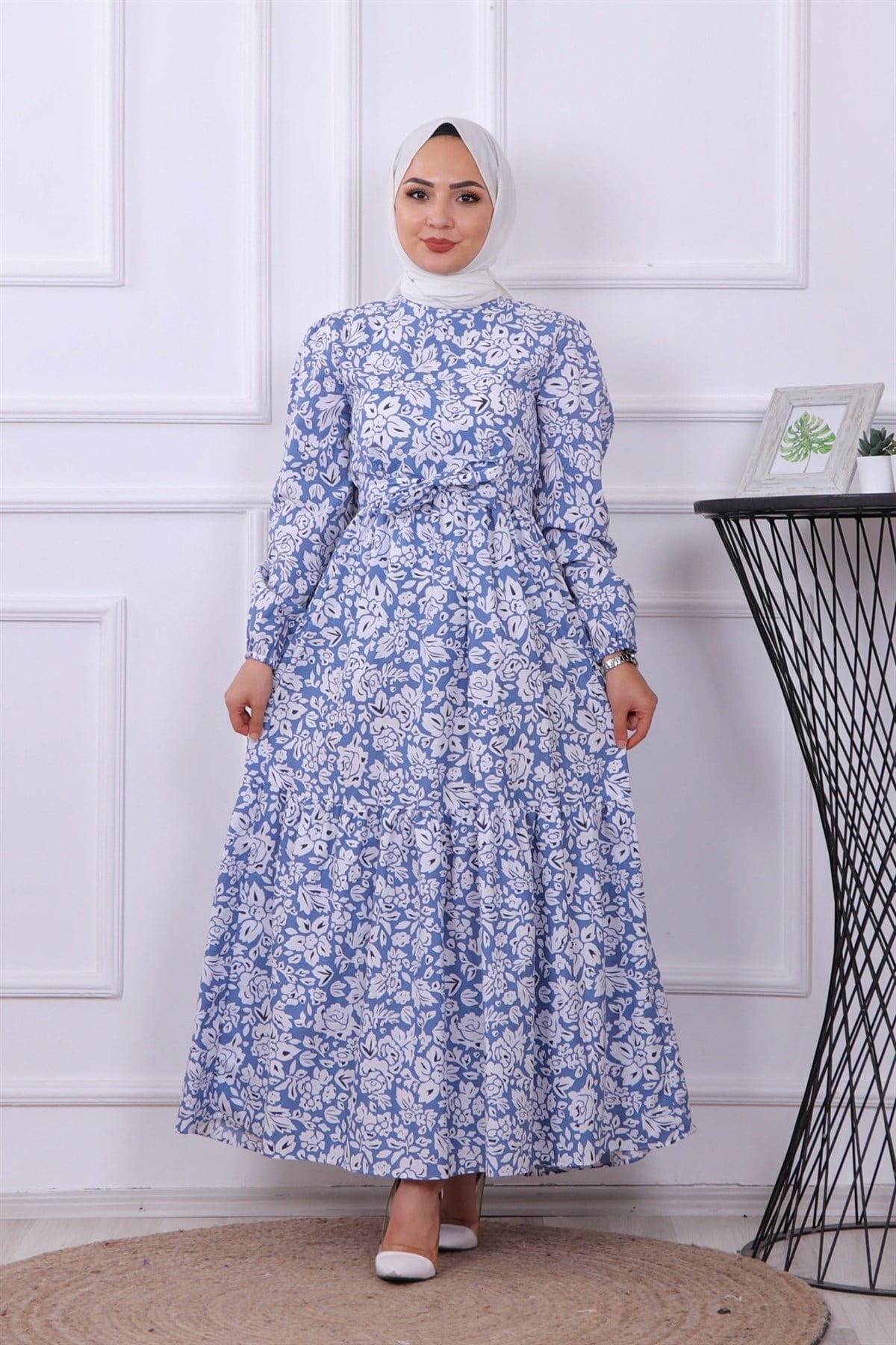 GÜL DESENLİ ELBİSE MAVİ