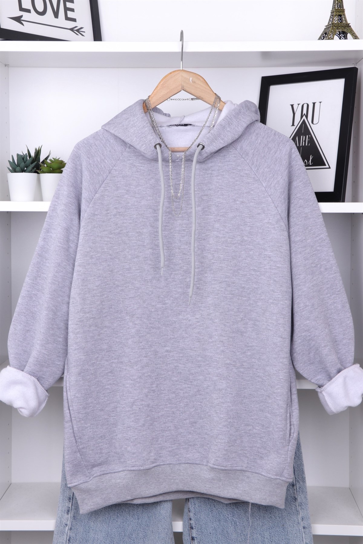 İÇİ ŞARDONLU KAPŞONLU SWEAT GRİ