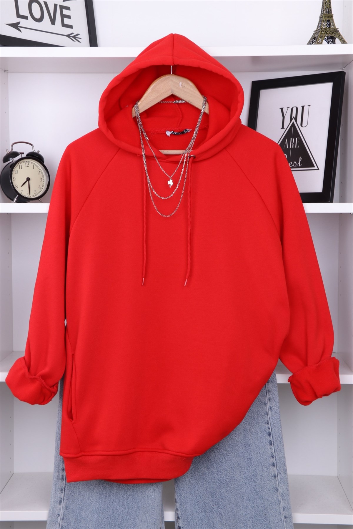 İÇİ ŞARDONLU KAPŞONLU SWEAT KIRMIZI