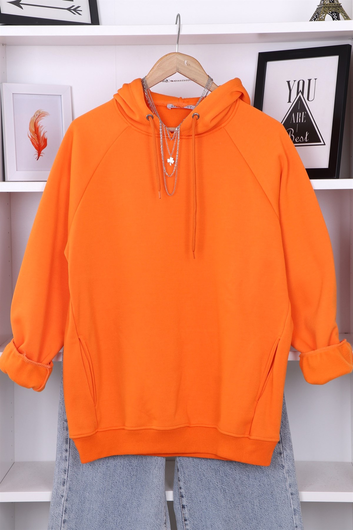 İÇİ ŞARDONLU KAPŞONLU SWEAT TURUNCU