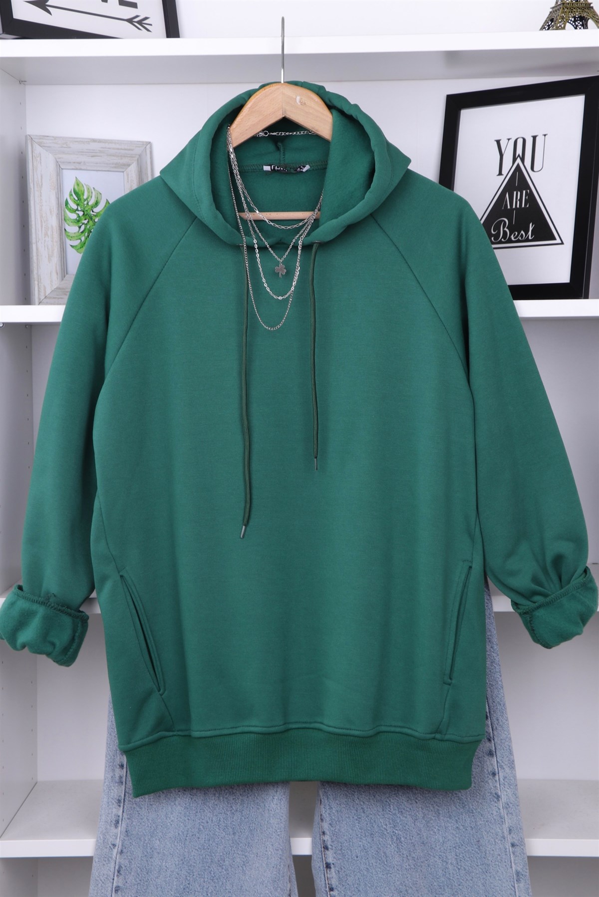İÇİ ŞARDONLU KAPŞONLU SWEAT YEŞİL