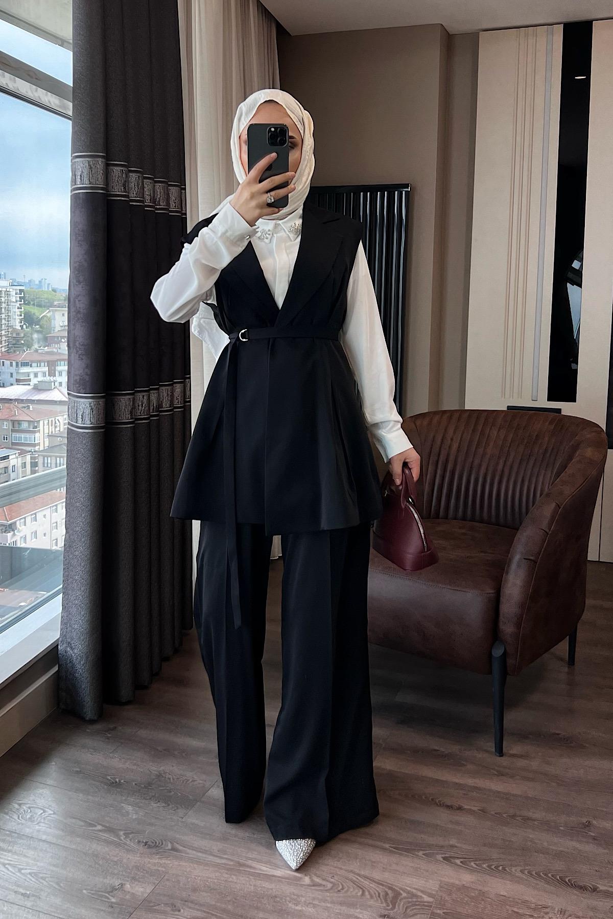 İnce Kuşaklı Yelekli Takım Siyah