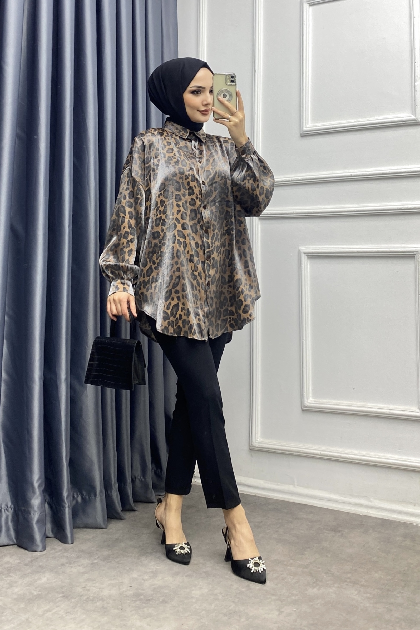 Işıltı Leopar Gömlek Kahverengi