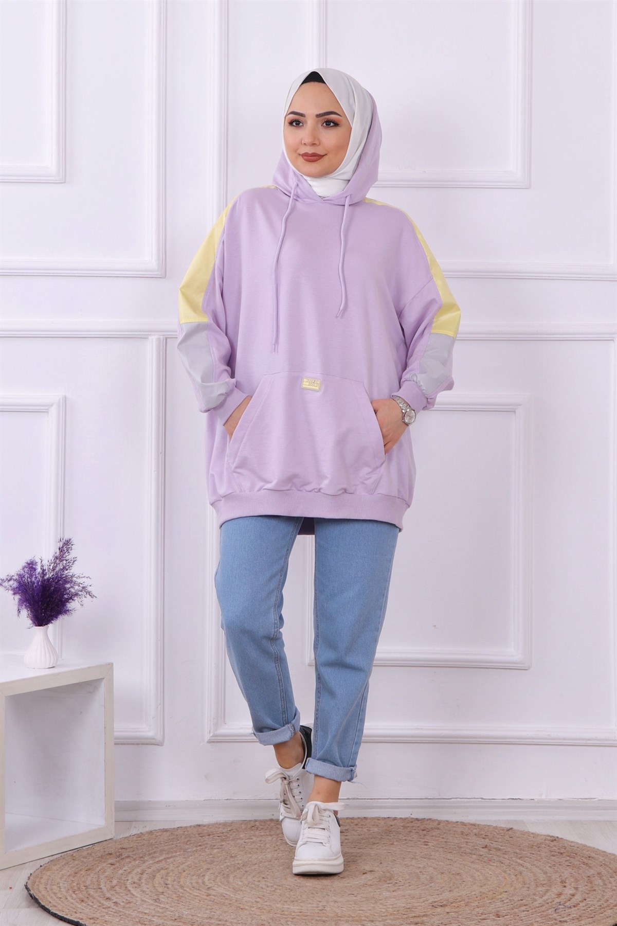 Kanguru cepli kapşonlu sweat lila
