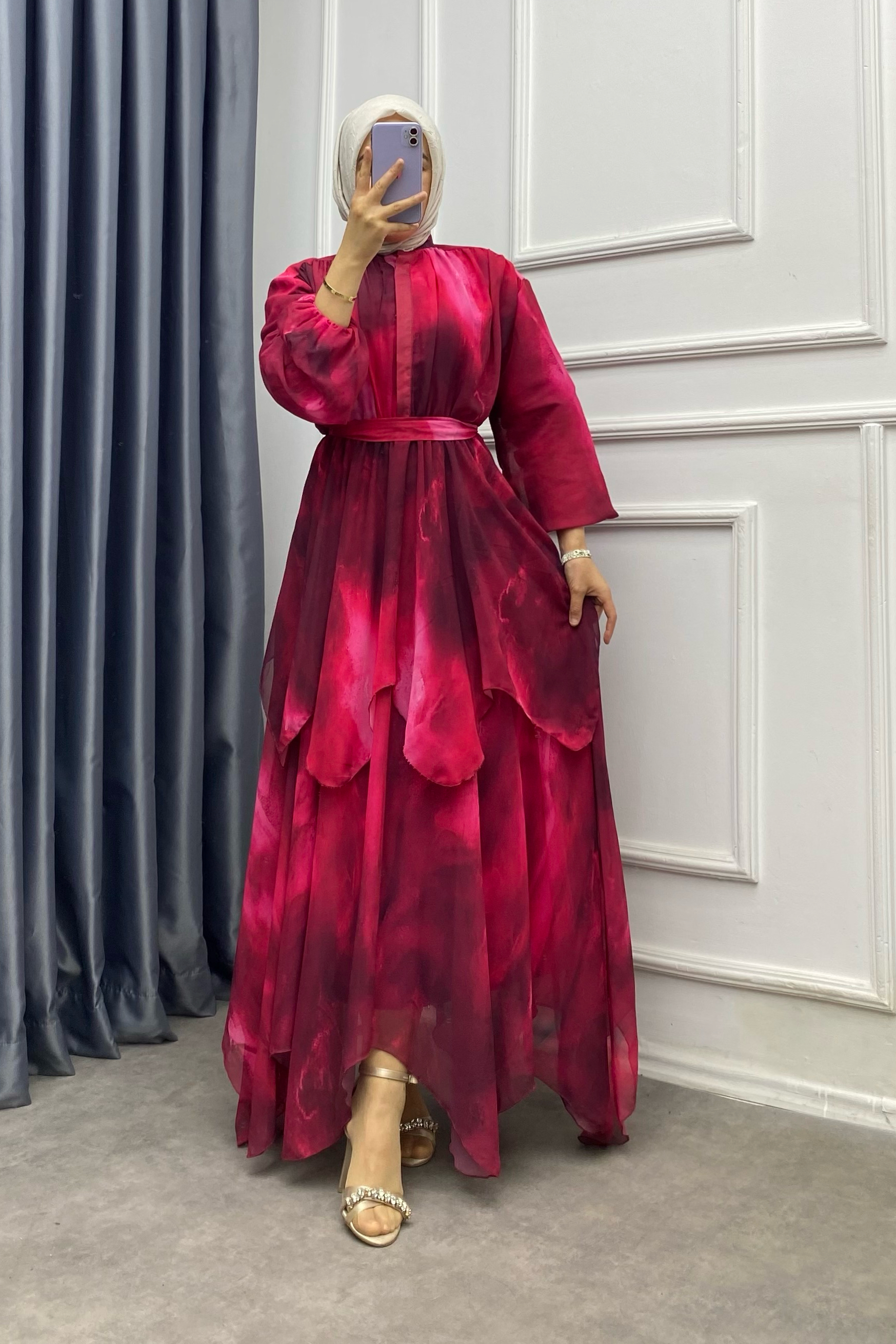 Kat Kat Şifon Elbise fuşya