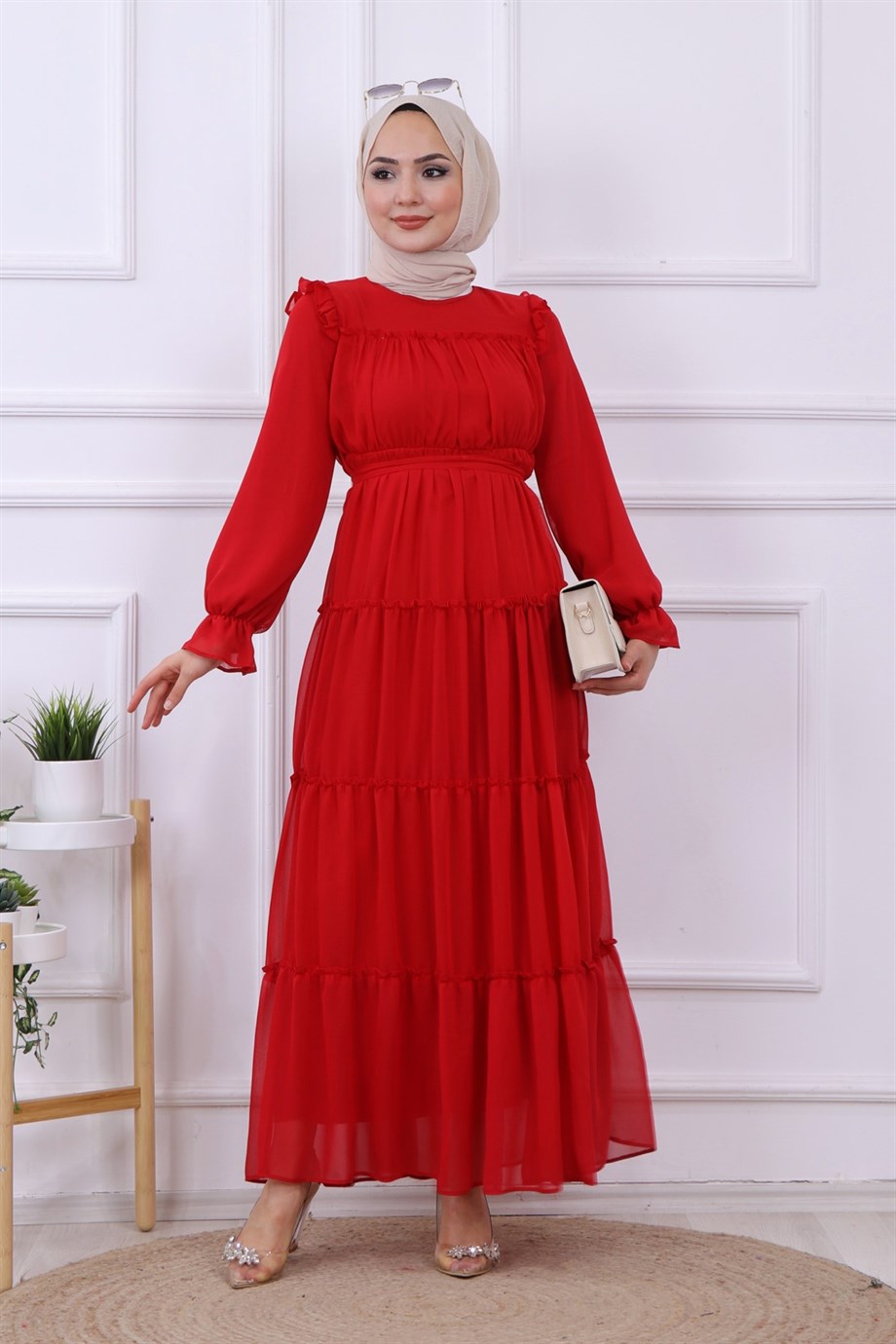 KAT KAT ŞİFON ELBİSE KIRMIZI