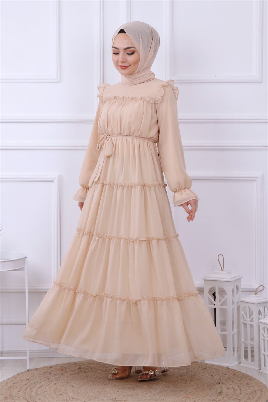 KAT KAT ŞİFON ELBİSE KREM