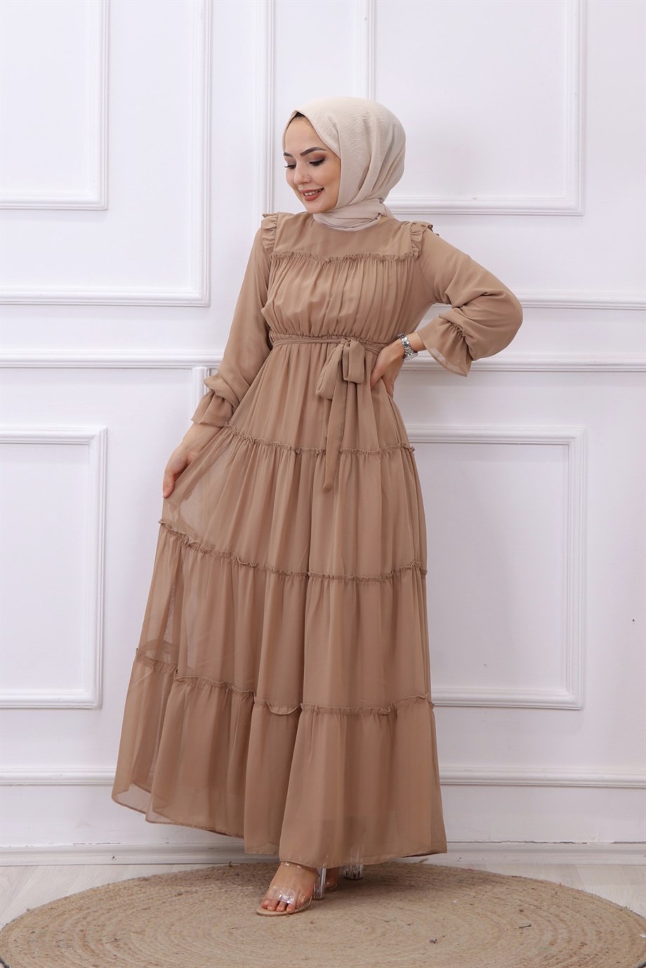 KAT KAT ŞİFON ELBİSE VİZON