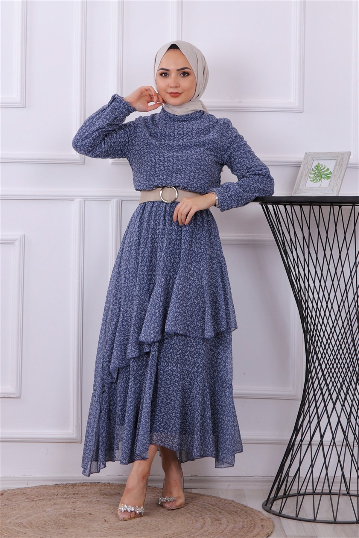 kemerli elbise indigo