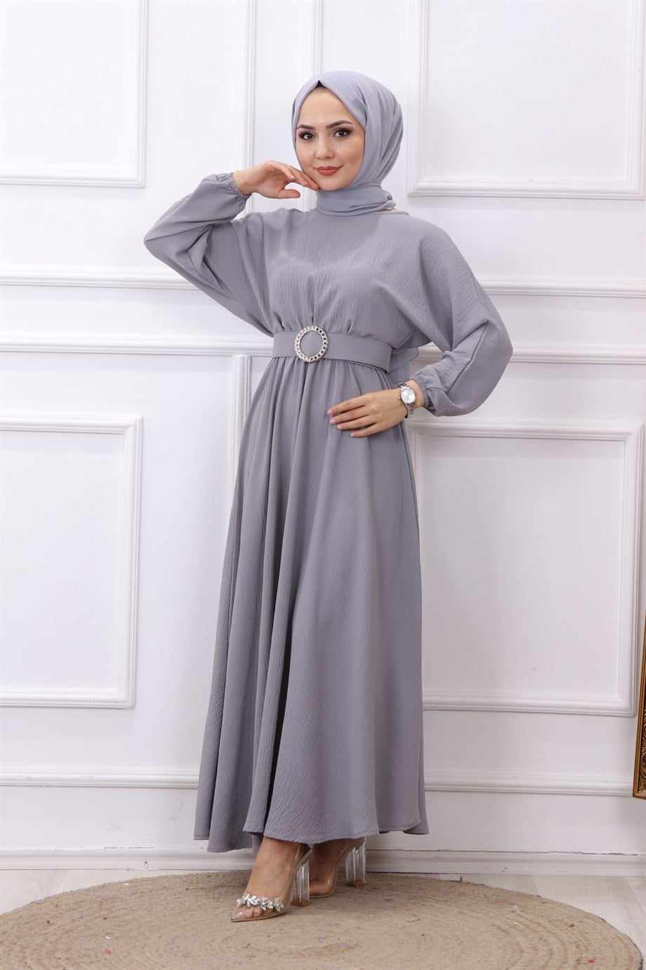 KEMERLİ KLOŞ ELBİSE GRİ