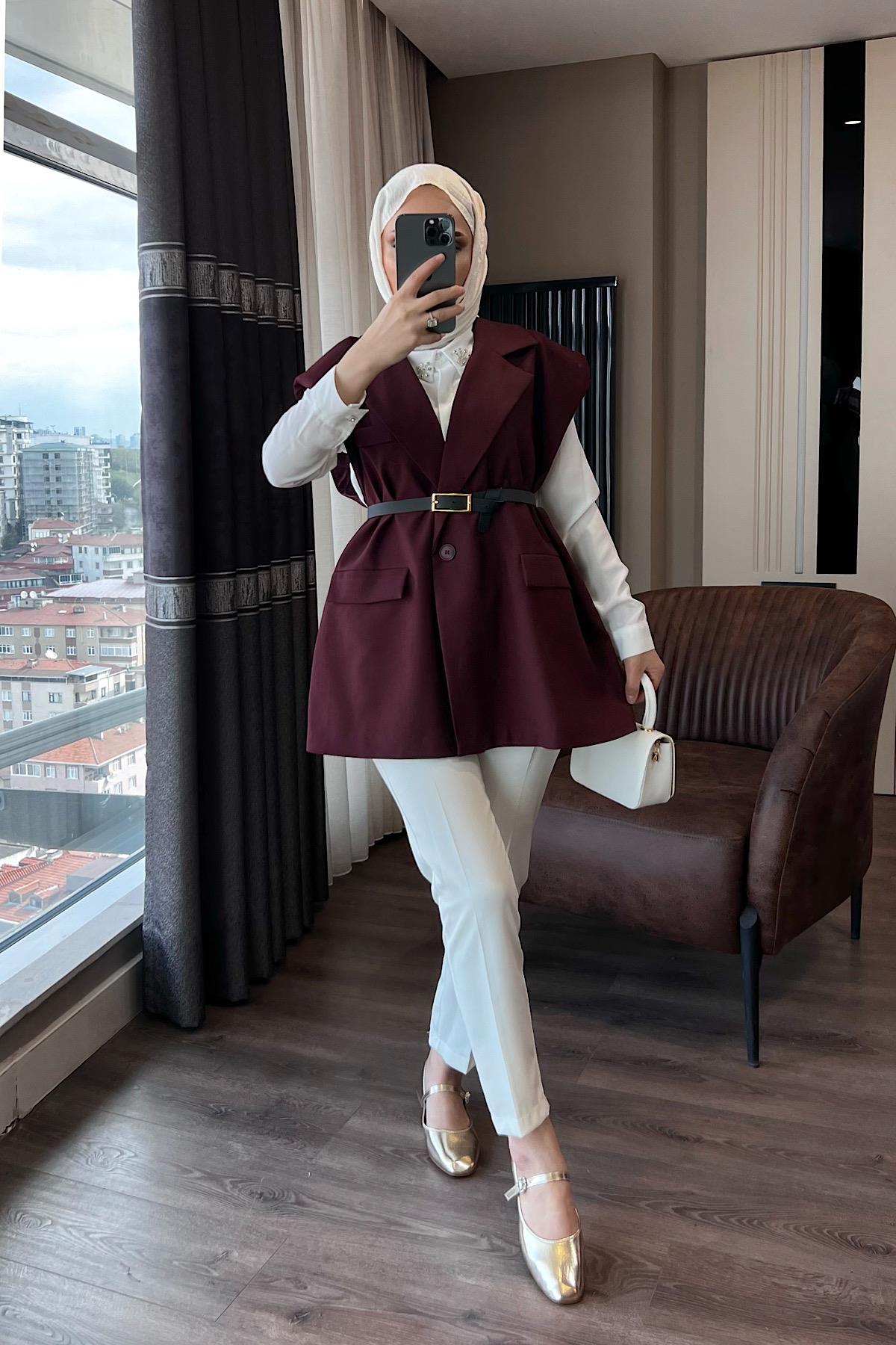 Kemerli Vatkalı yelek Bordo