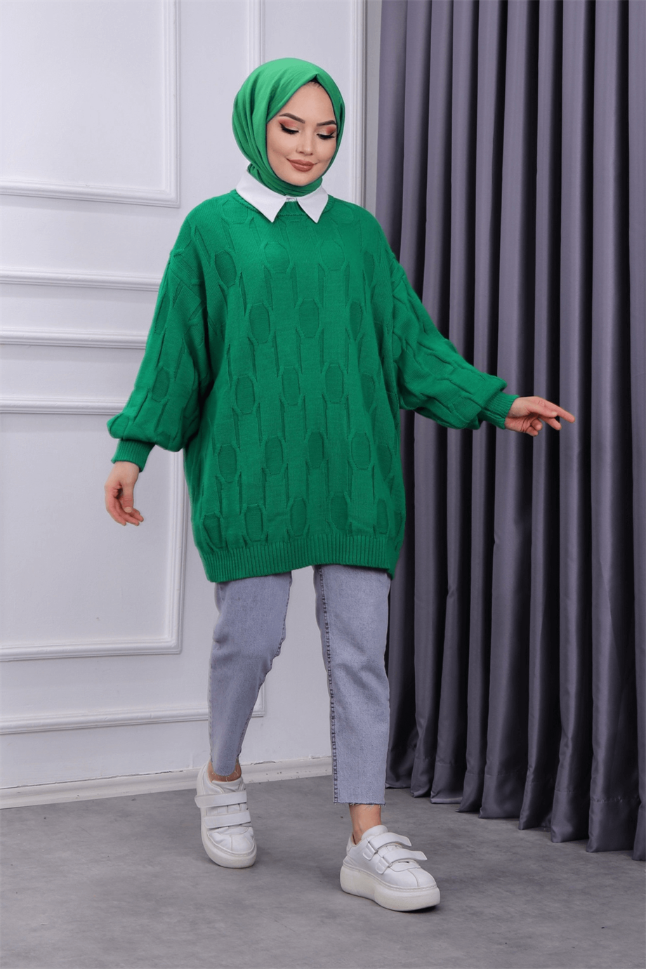 kendinden desenli triko tunik  yeşil