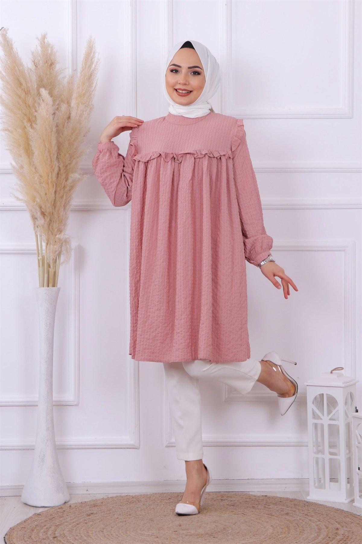 kendinden küçük kareli tunik pembe