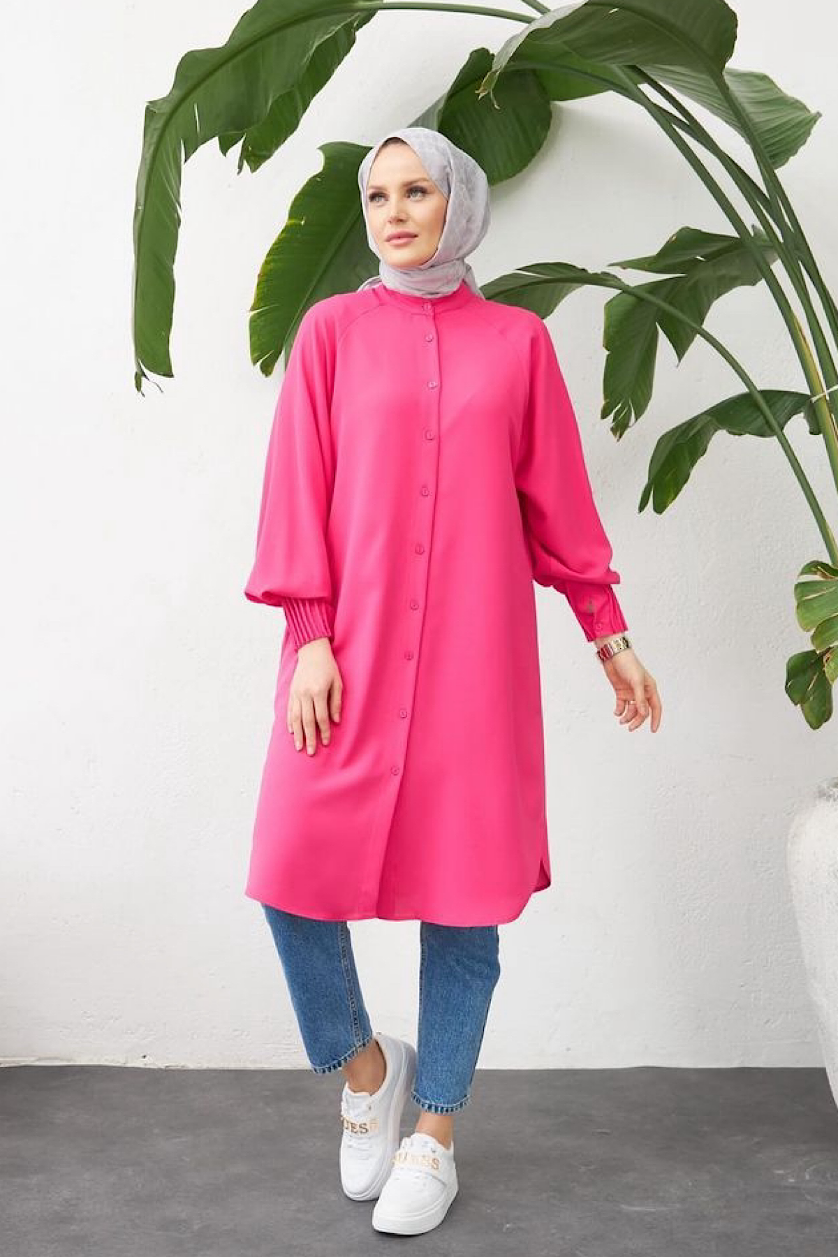 Kol ucu pileli tunik Pembe