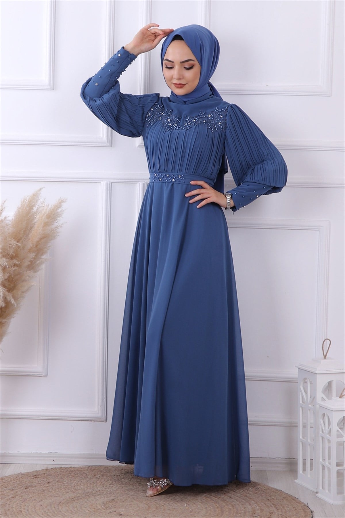 KOLLARI PLİSELİ DRAPE DETAYLI ELBİSE İNDİGO