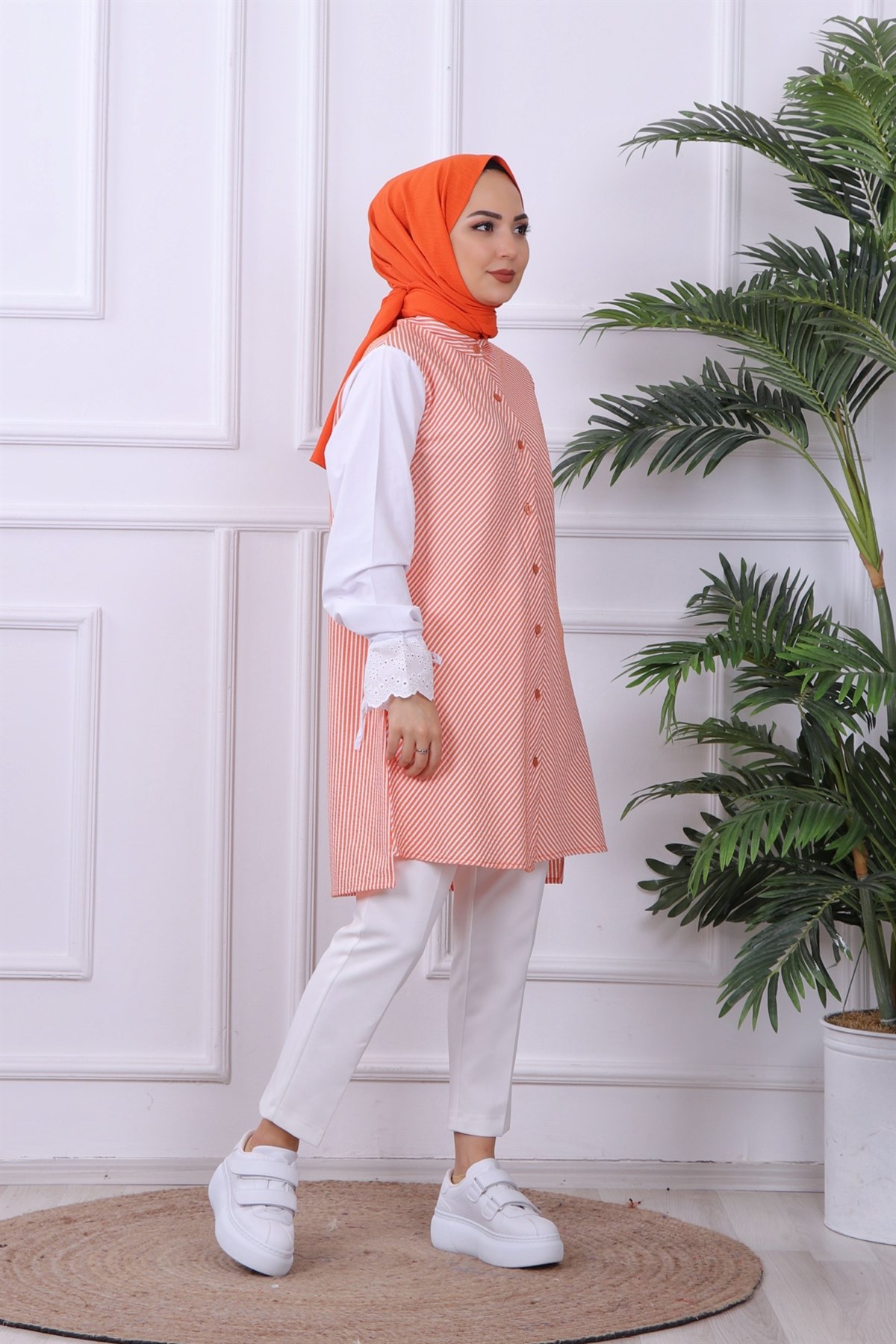 KOLU DANTEL DETAYLI ÇİZGİLİ TUNİK TURUNCU