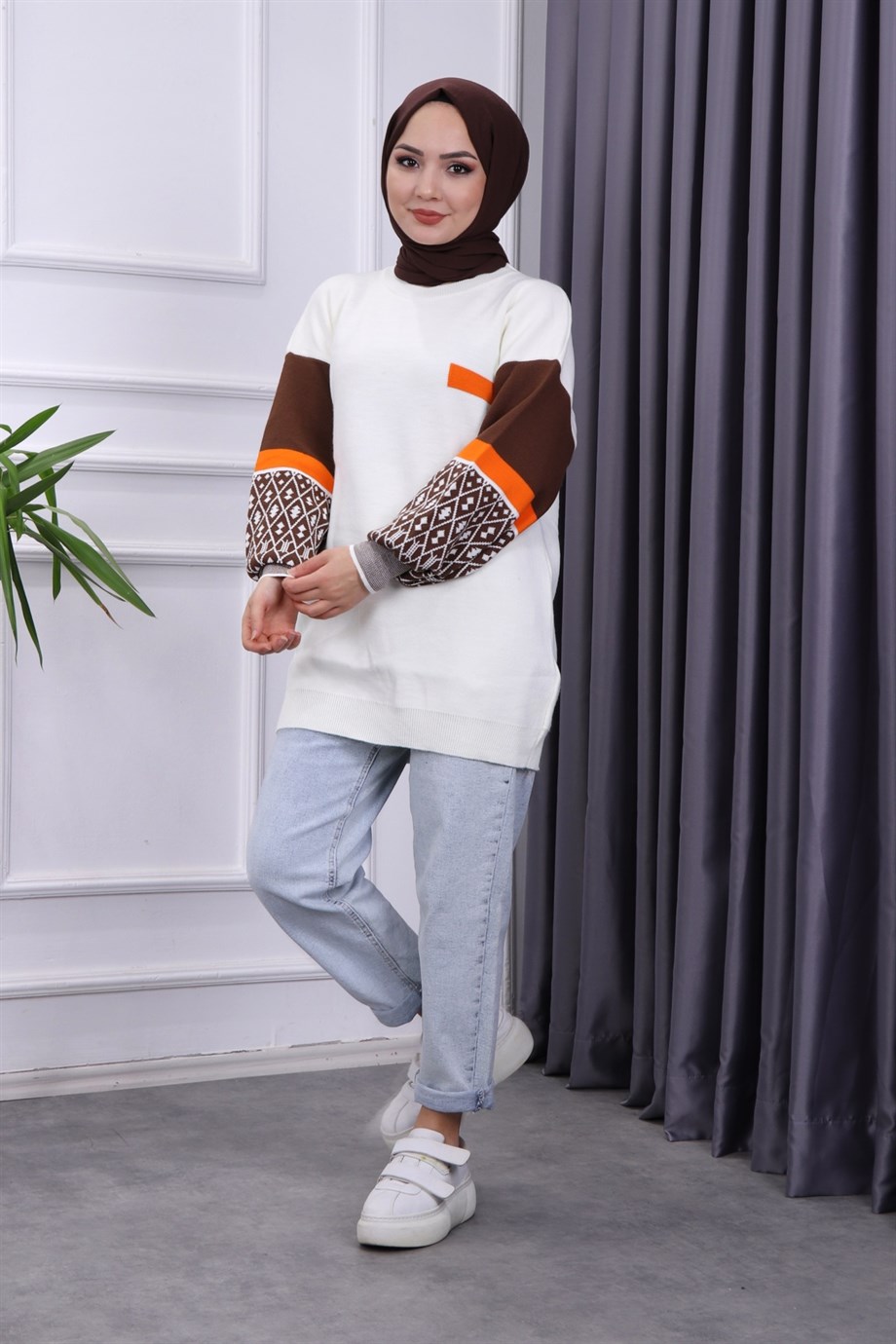 KOLU DESENLİ TRİKO TUNİK BEYAZ