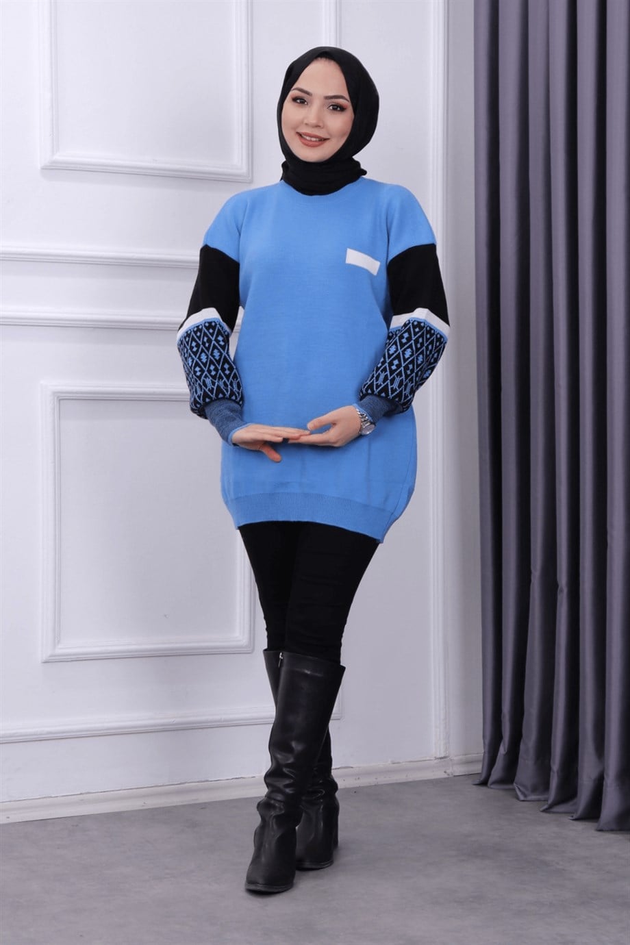 kolu desenli triko tunik mavi