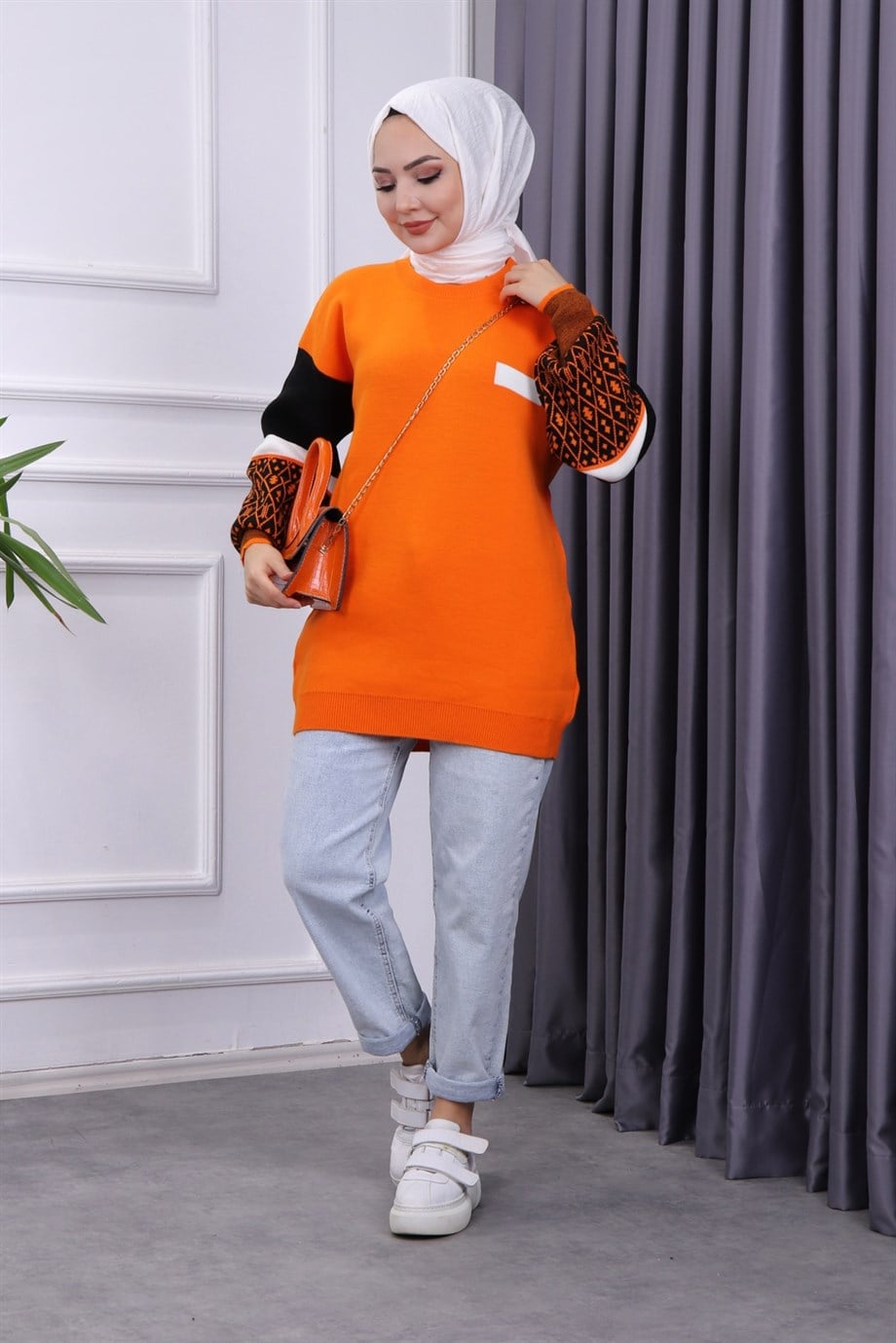 KOLU DESENLİ TRİKO TUNİK TURUNCU