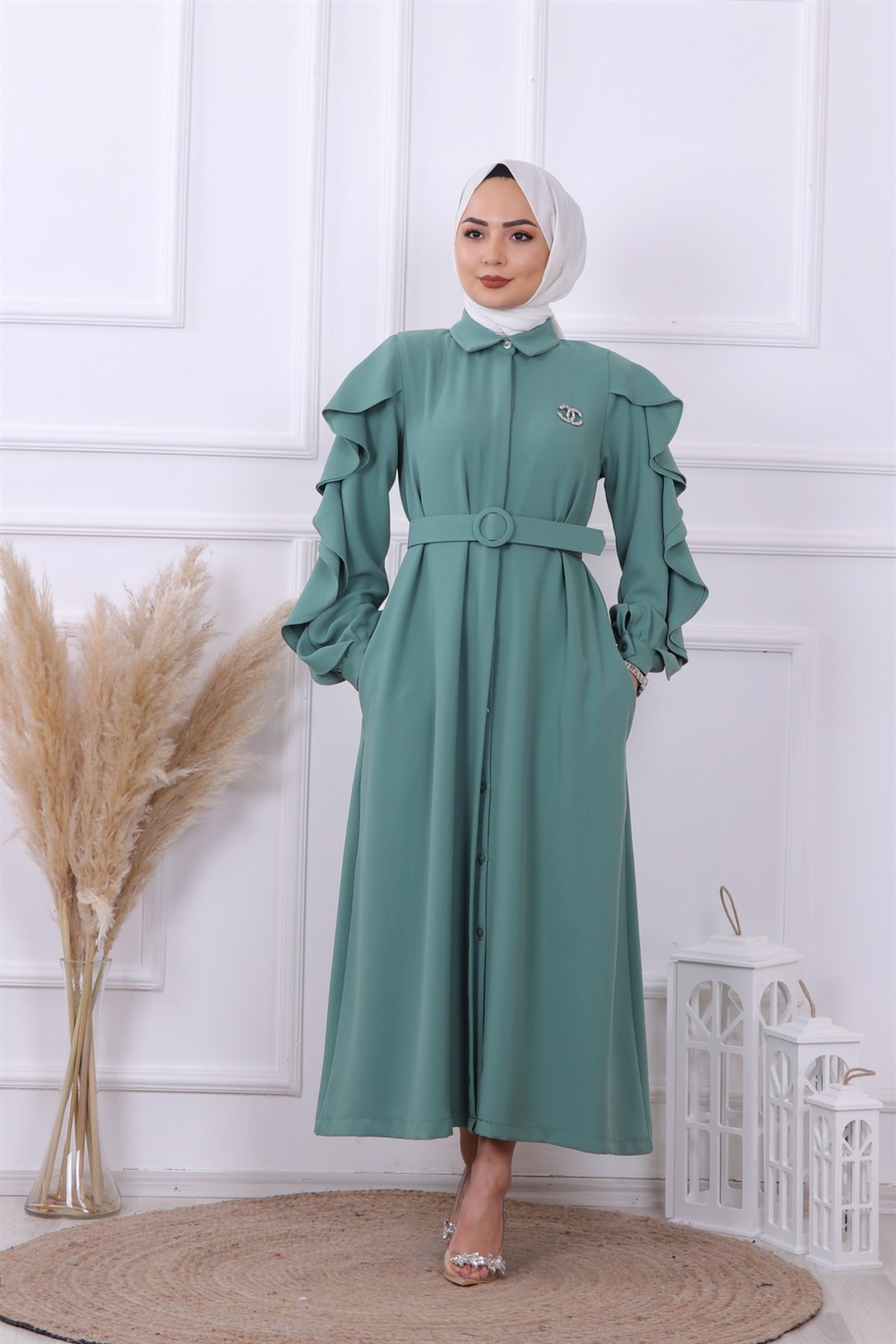 KOLU FIRFIR DETAY ELBİSE YEŞİL