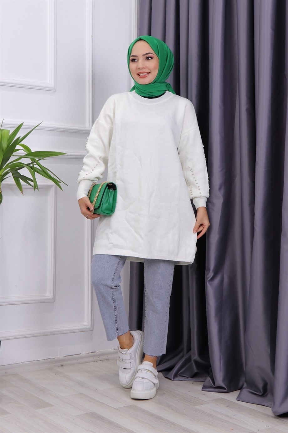 KOLU İNCİLİ TRİKO TUNİK BEYAZ 