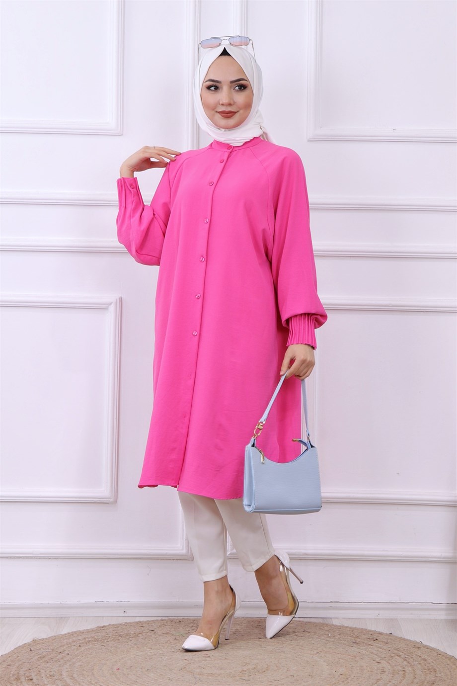 KOLU PİLE DETAYLI TUNİK PEMBE