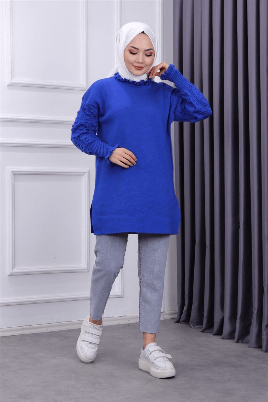 kolu ponponlu tunik lacivert