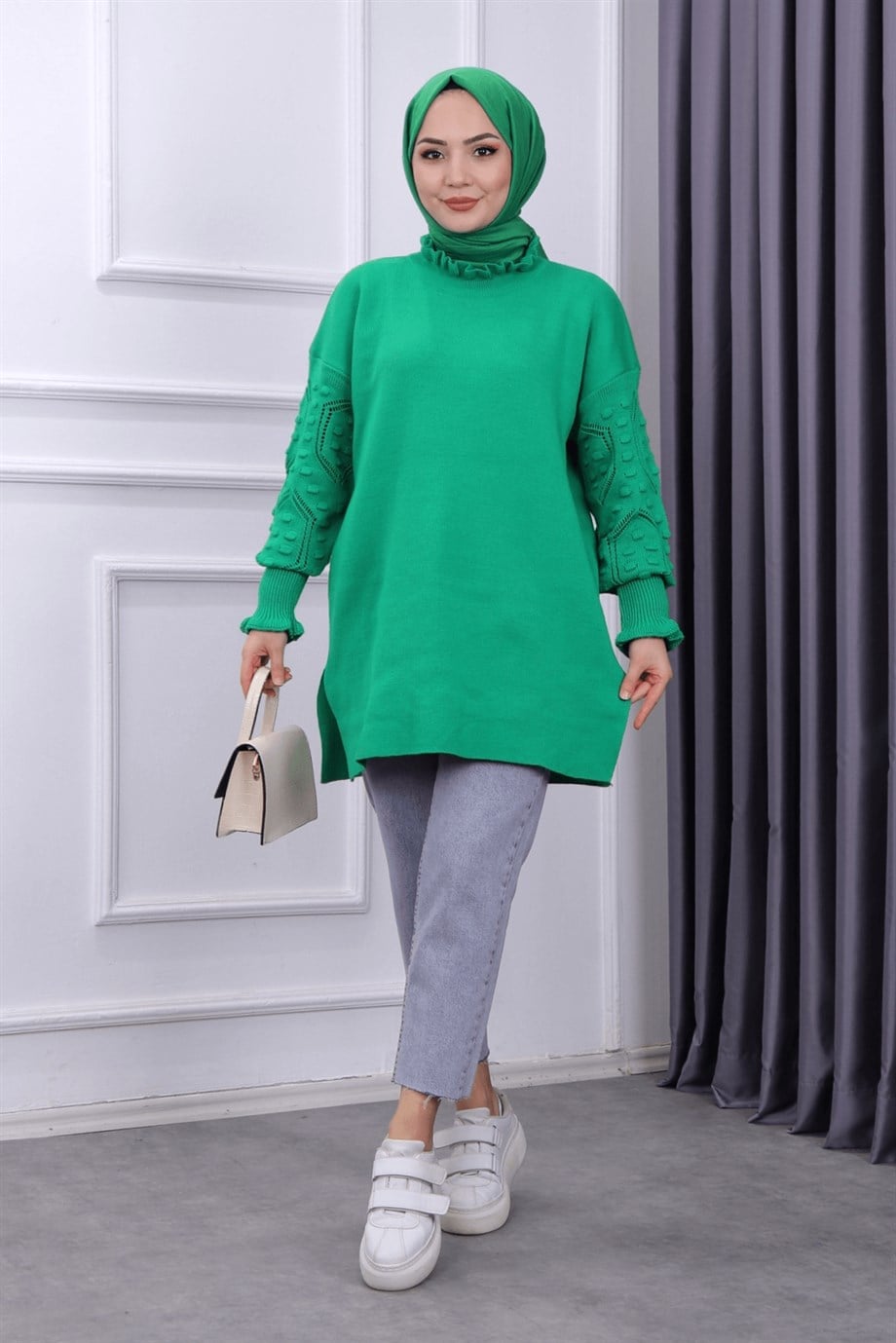 kolu ponponlu tunik yeşil