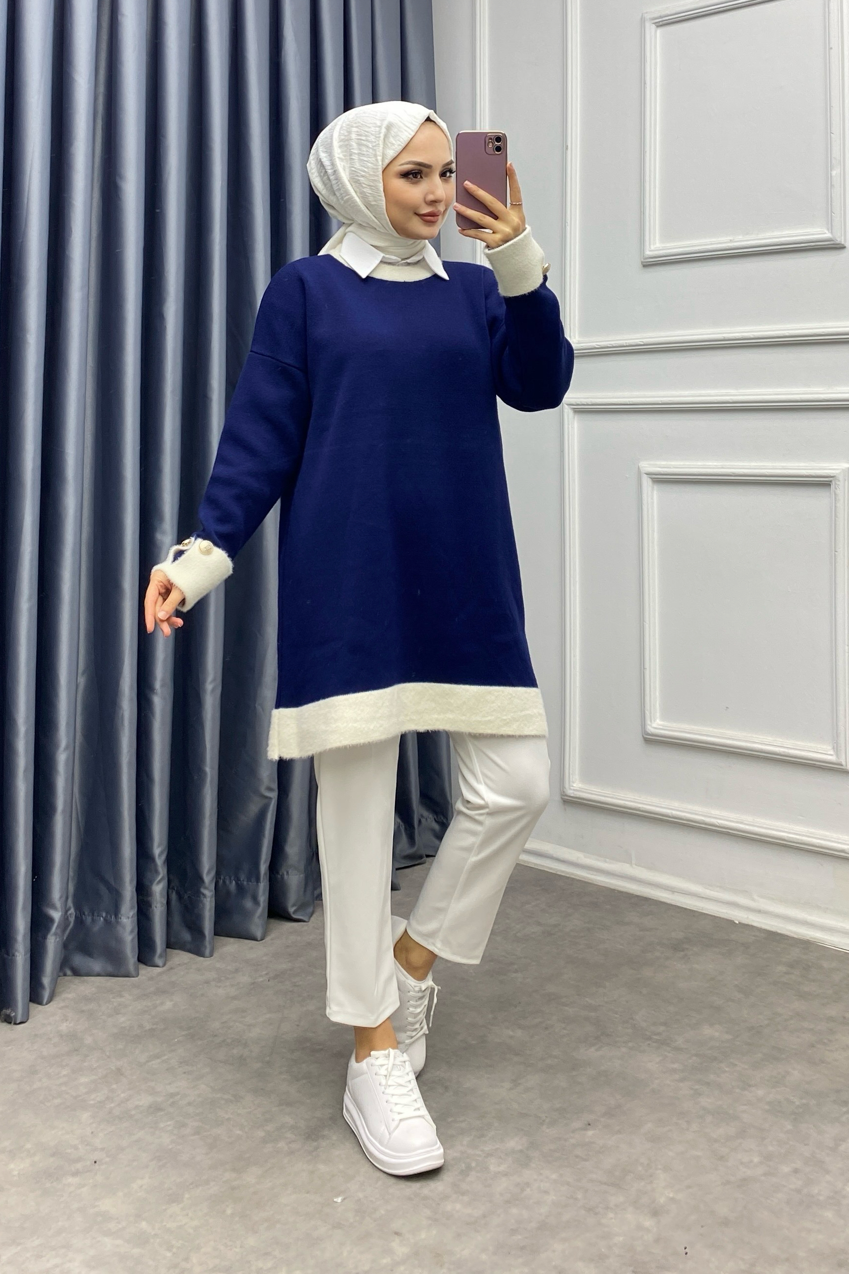 Kolu ve yakası peluş tunik Lacivert