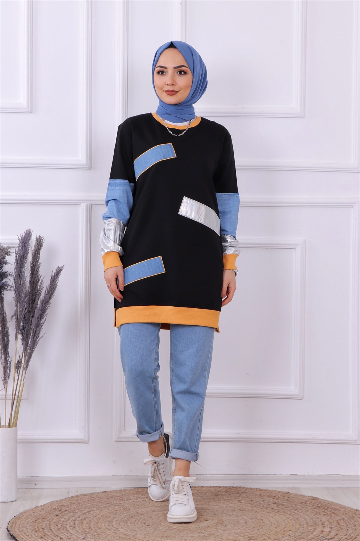 kot detaylı sweat siyah