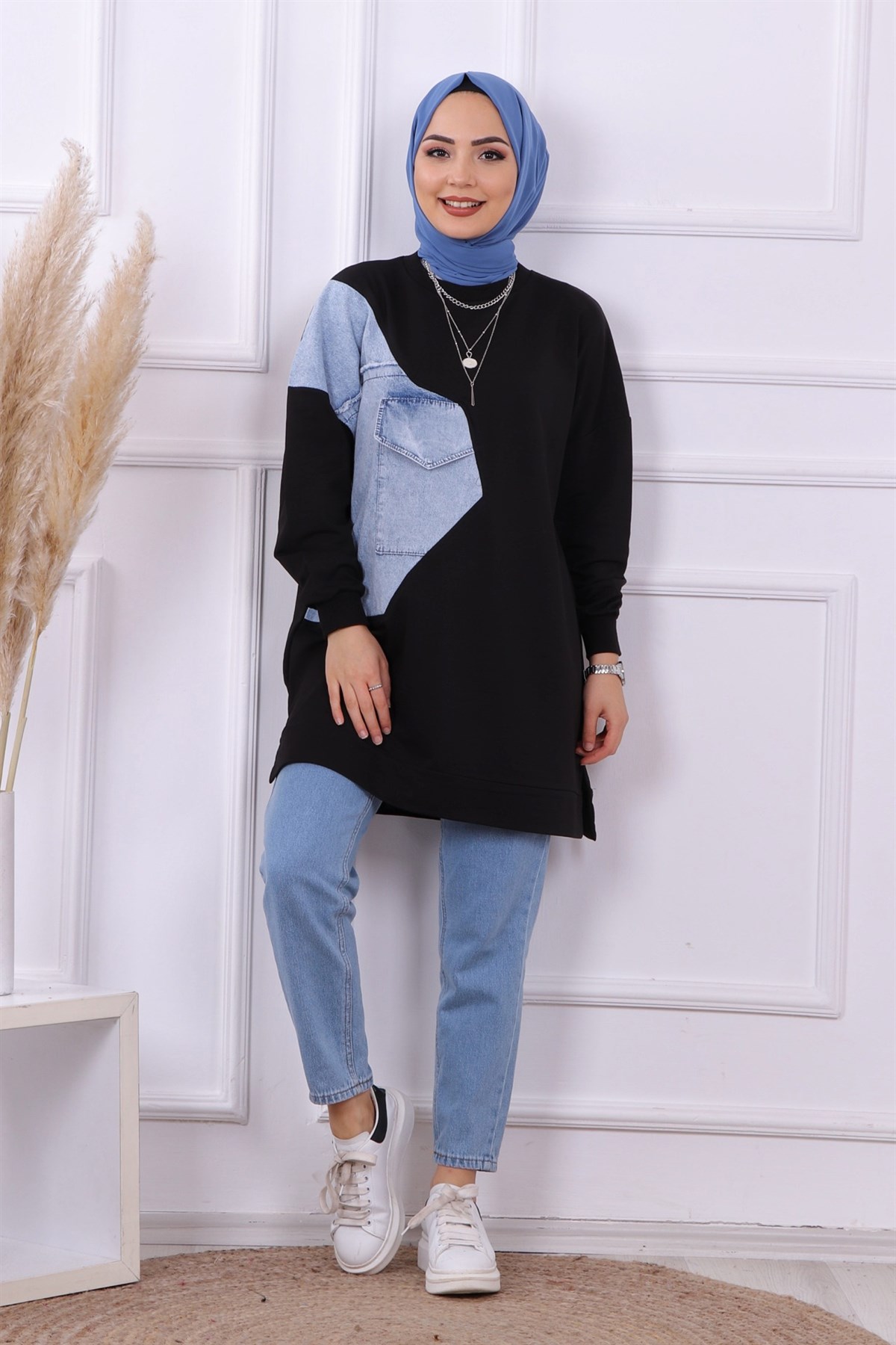 Kot detaylı sweat siyah