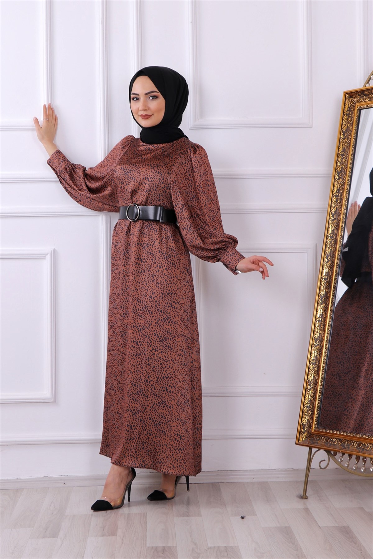 LEOPAR DESENLİ BALON KOL ELBİSE