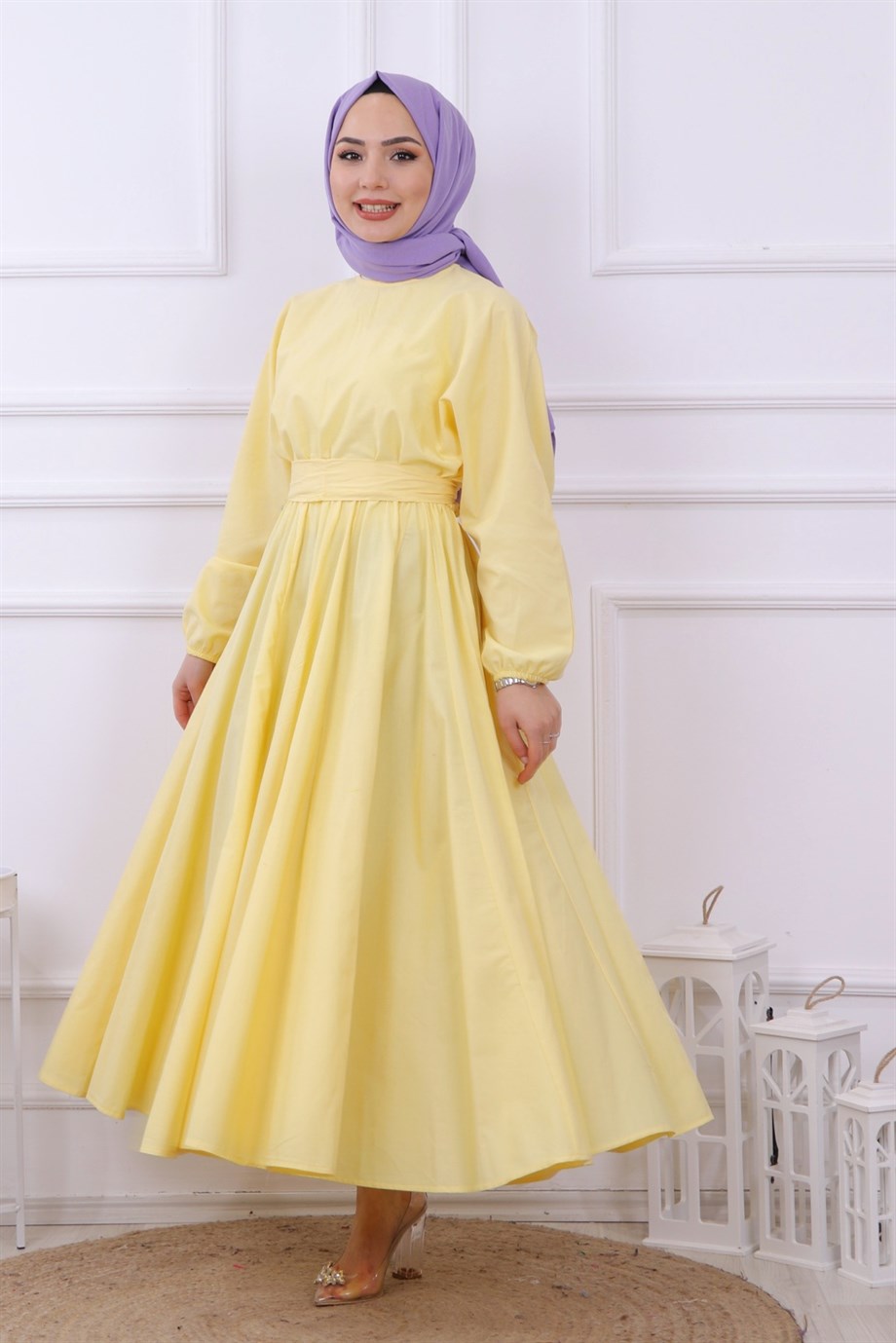 mevlana model kemerli elbise sarı