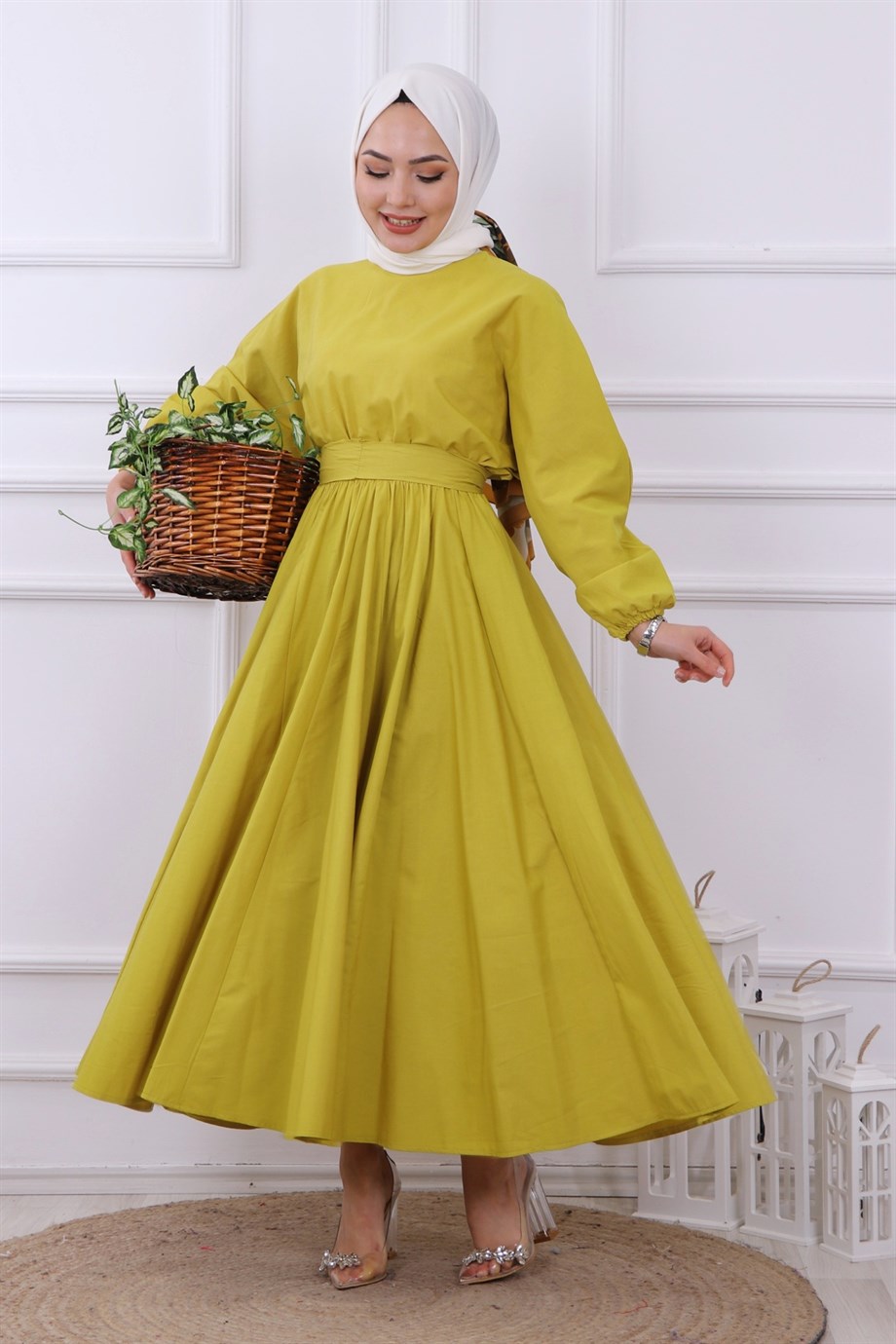 mevlana model kemerli elbise yağ yeşili