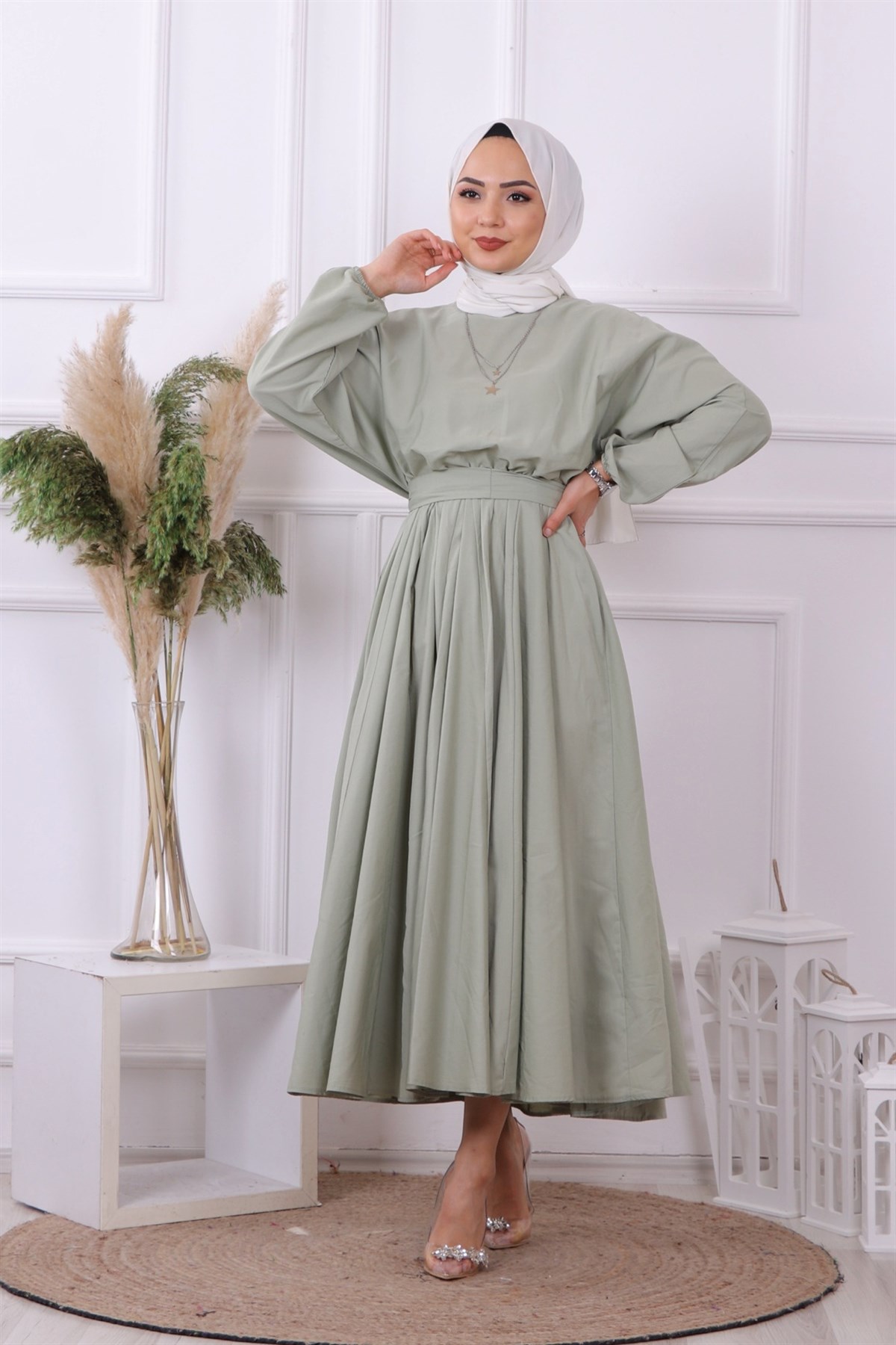mevlana model kemerli elbise yeşil