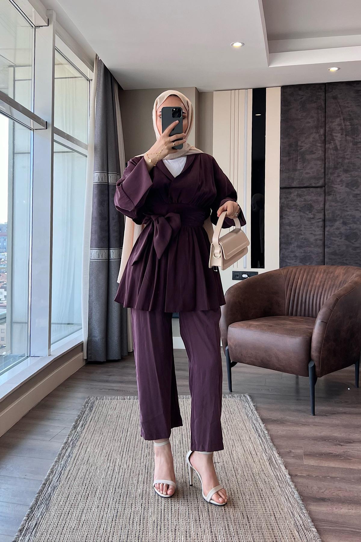 Modal Kumaş Geniş Kuşaklı Takım Bordo
