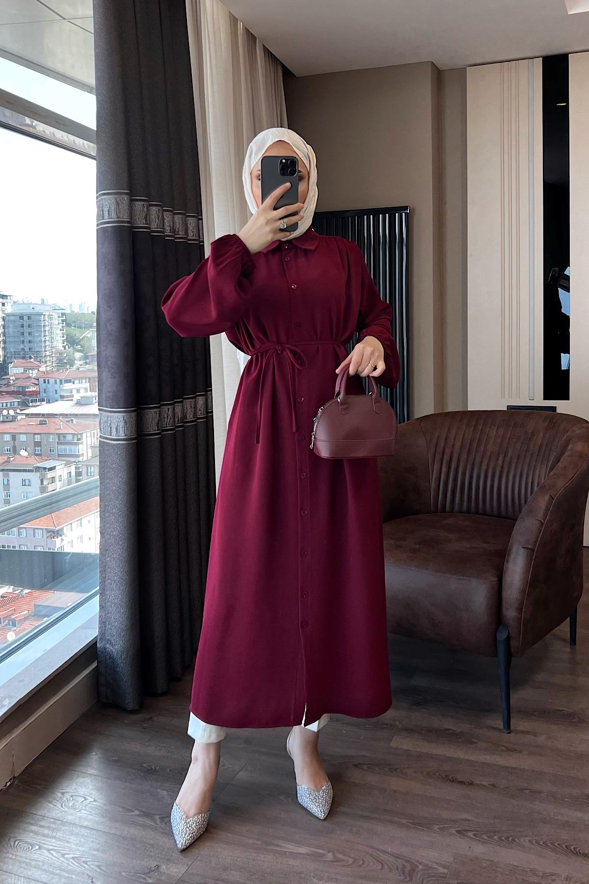 Omuz Pile Detay düğmeli tunik Bordo