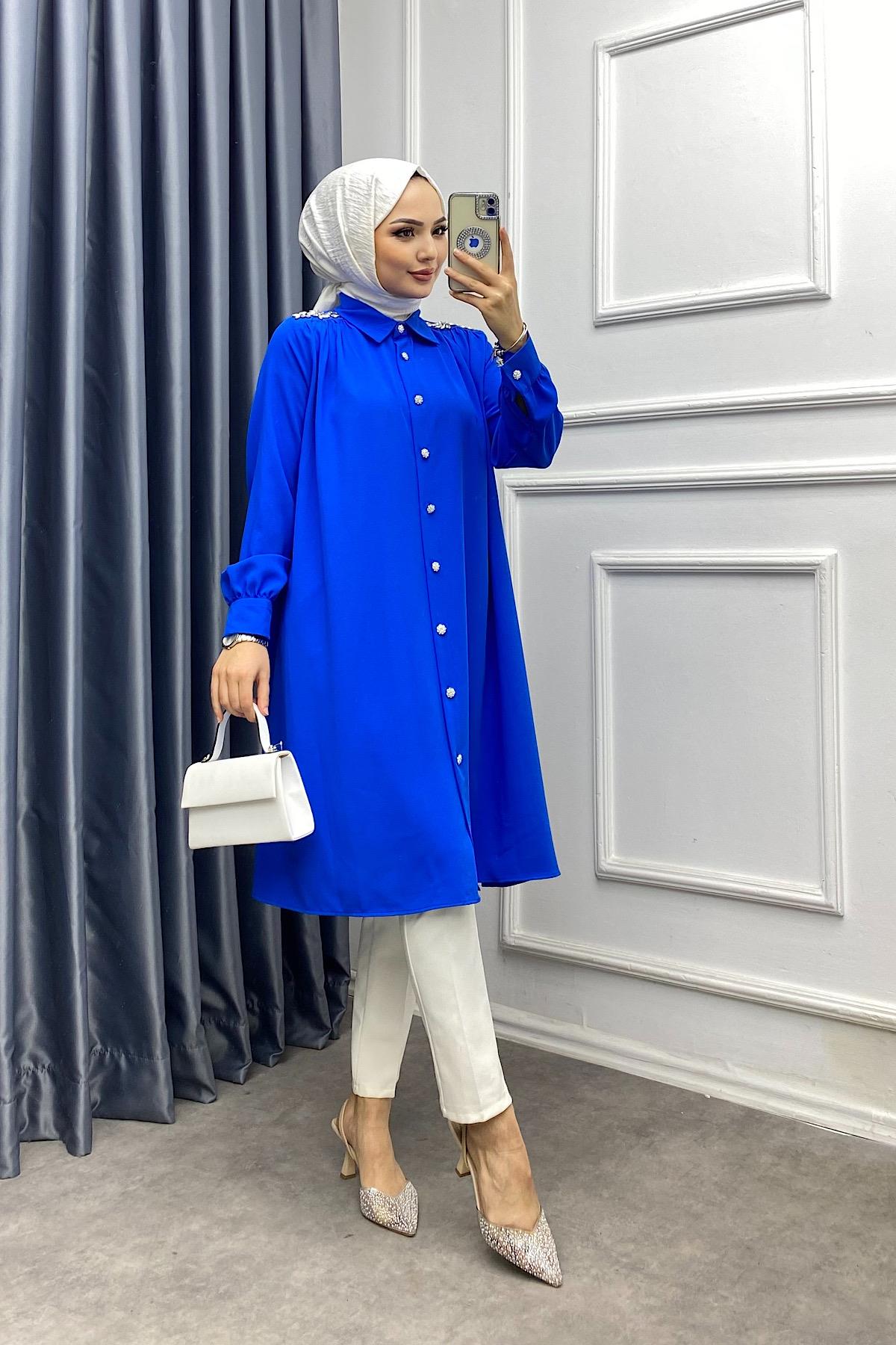 Omuzları Taşlı Tunik Saks Mavisi
