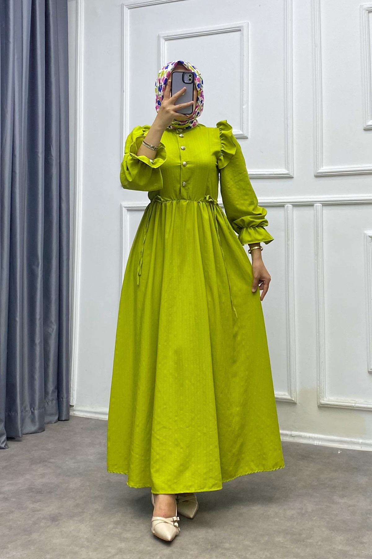 Omuzu Fırfırlı Elbise Yağ yeşili