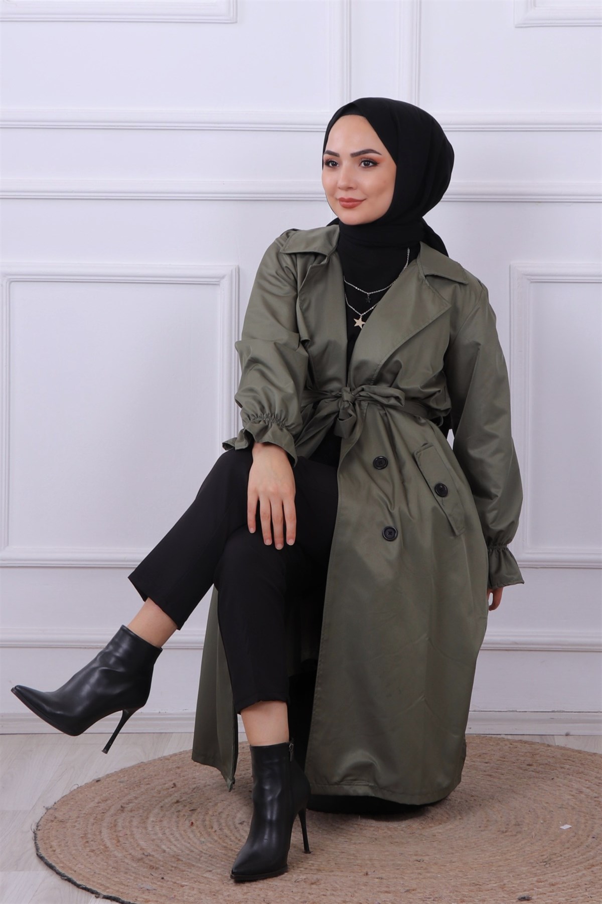 ÖNDEN ÇİFT DÜĞMELİ TRENÇ HAKİ YEŞİLİ