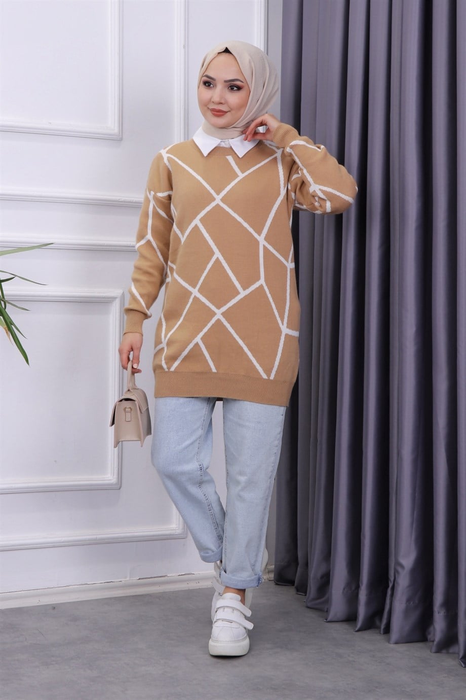 ÖNÜ BEYAZ  ÇİZGİLİ TUNİK CAMEL