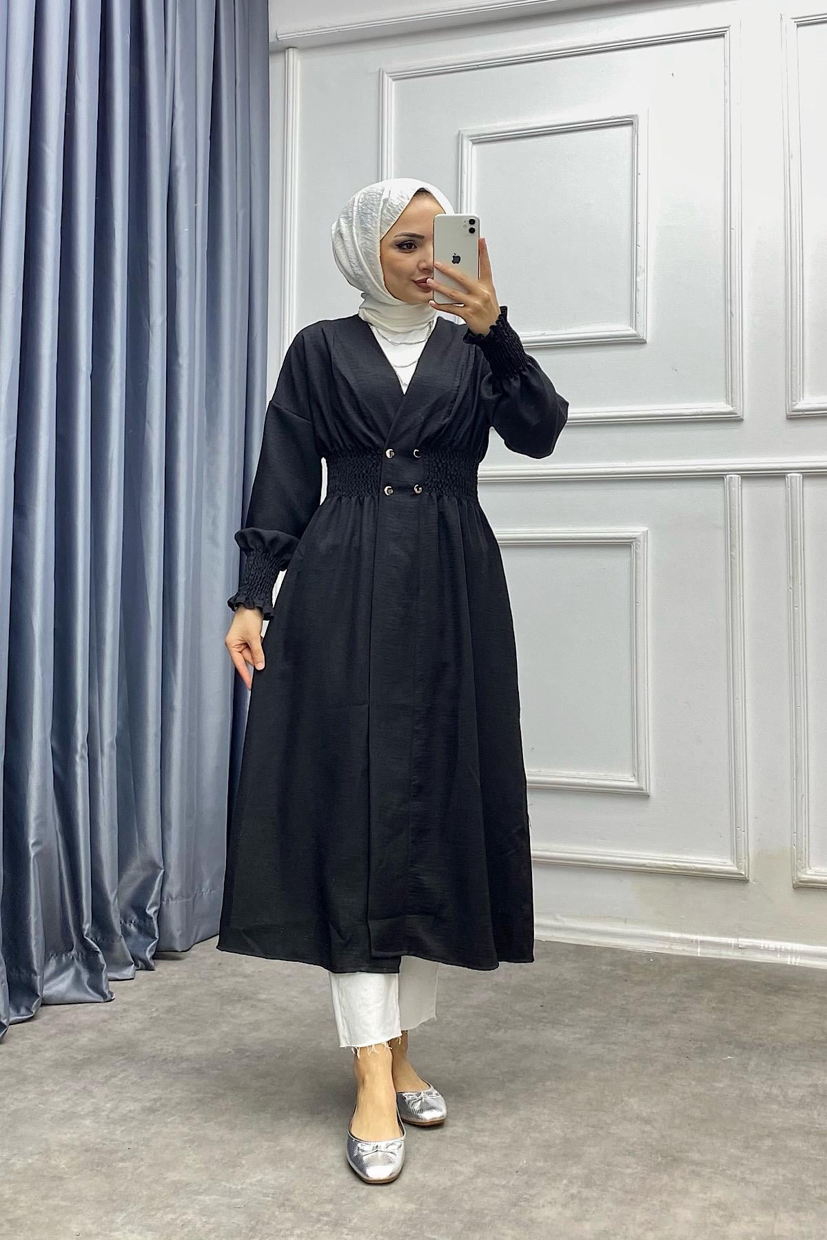 Önü Çıtçıtlı Keten Kap Siyah 
