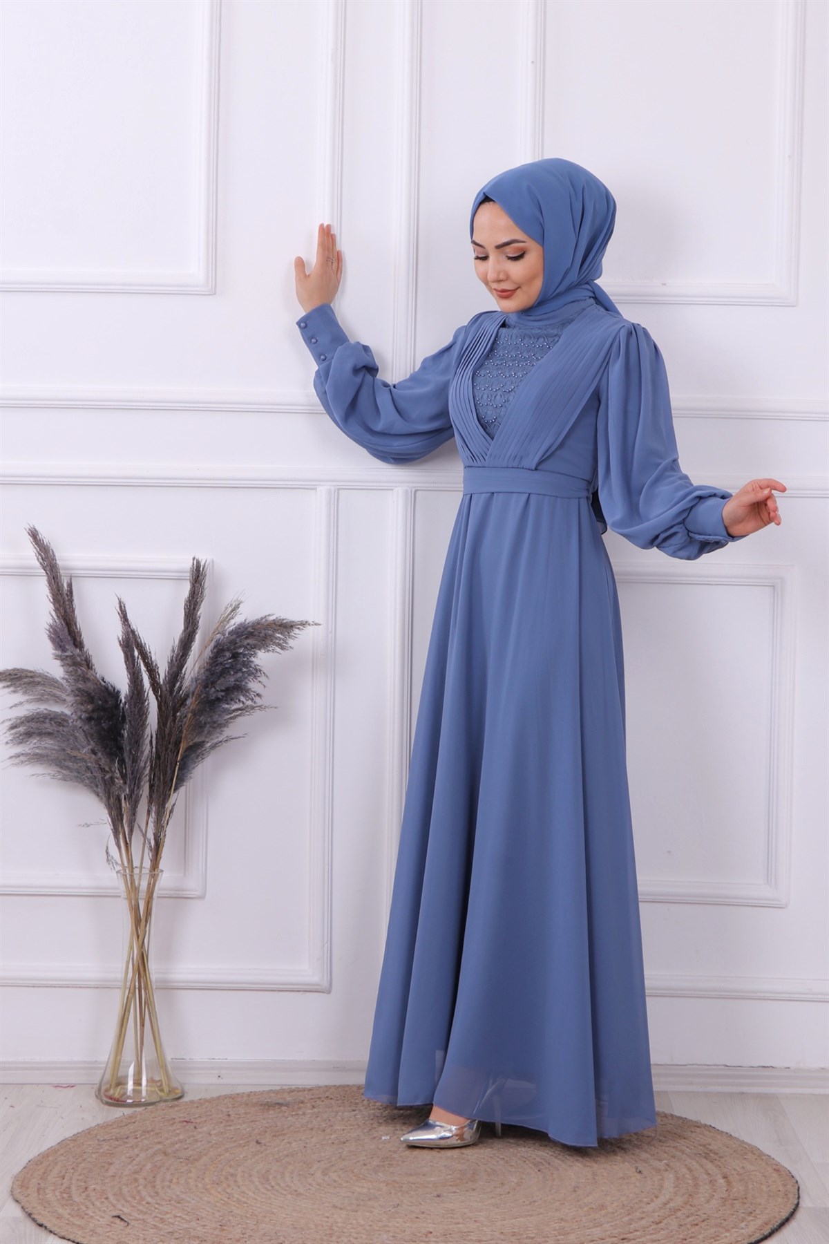 ÖNÜ DRAPE DETAYLI ELBİSE İNDİGO