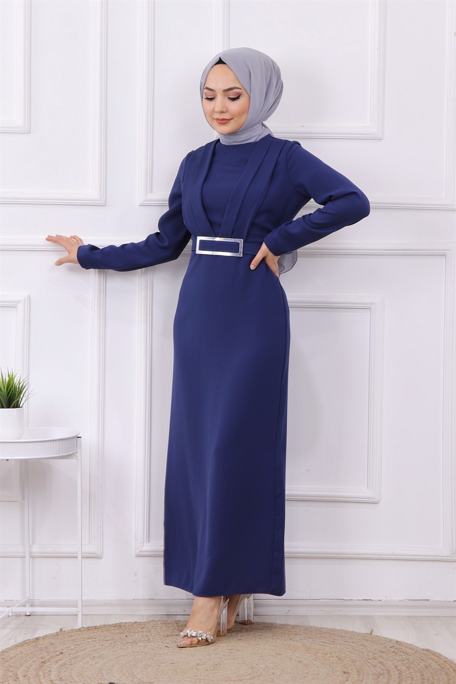 ÖNÜ DRAPE DETAYLI KALEM ELBİSE LACİVERT
