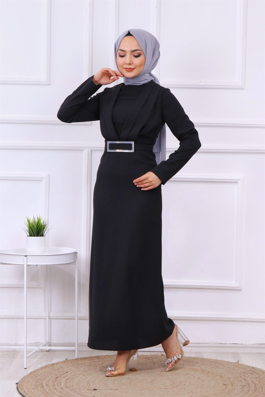 ÖNÜ DRAPE DETAYLI KALEM ELBİSE SİYAH