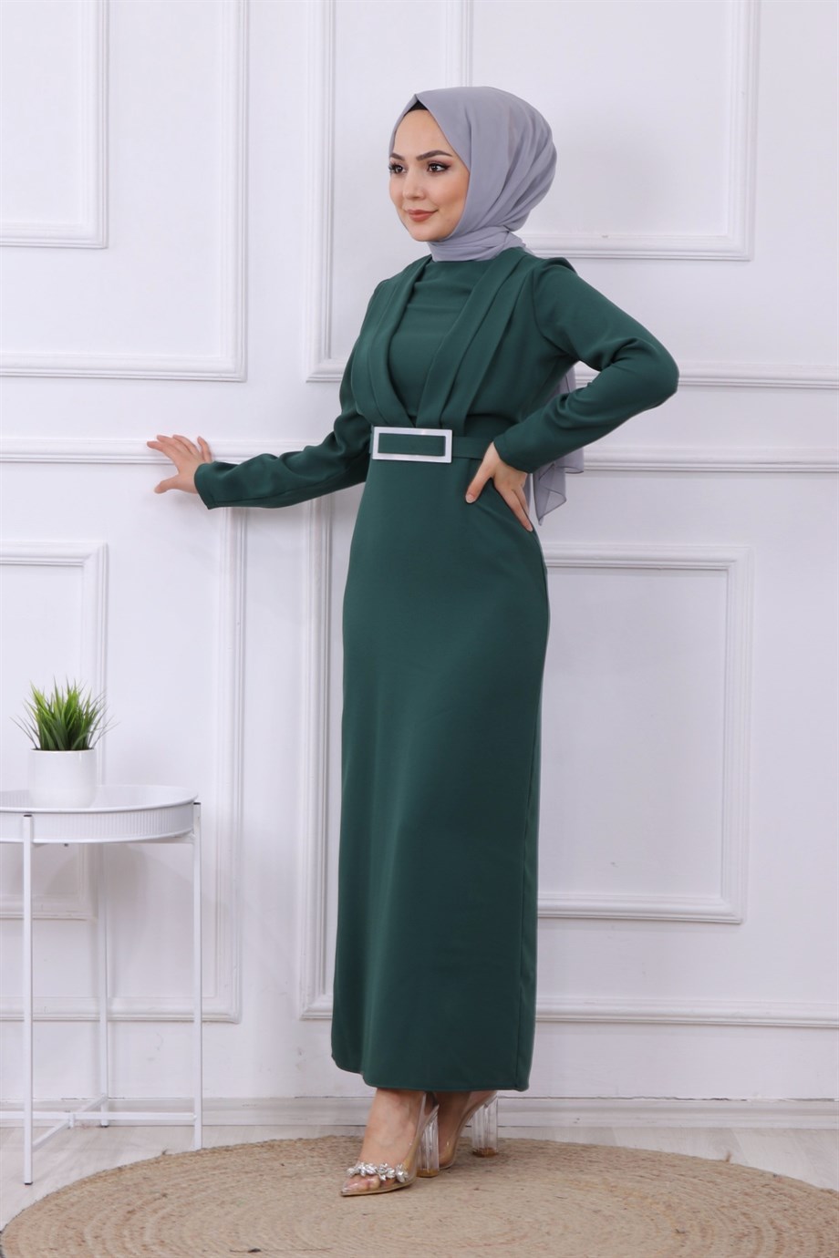 ÖNÜ DRAPE DETAYLI KALEM ELBİSE YEŞİL