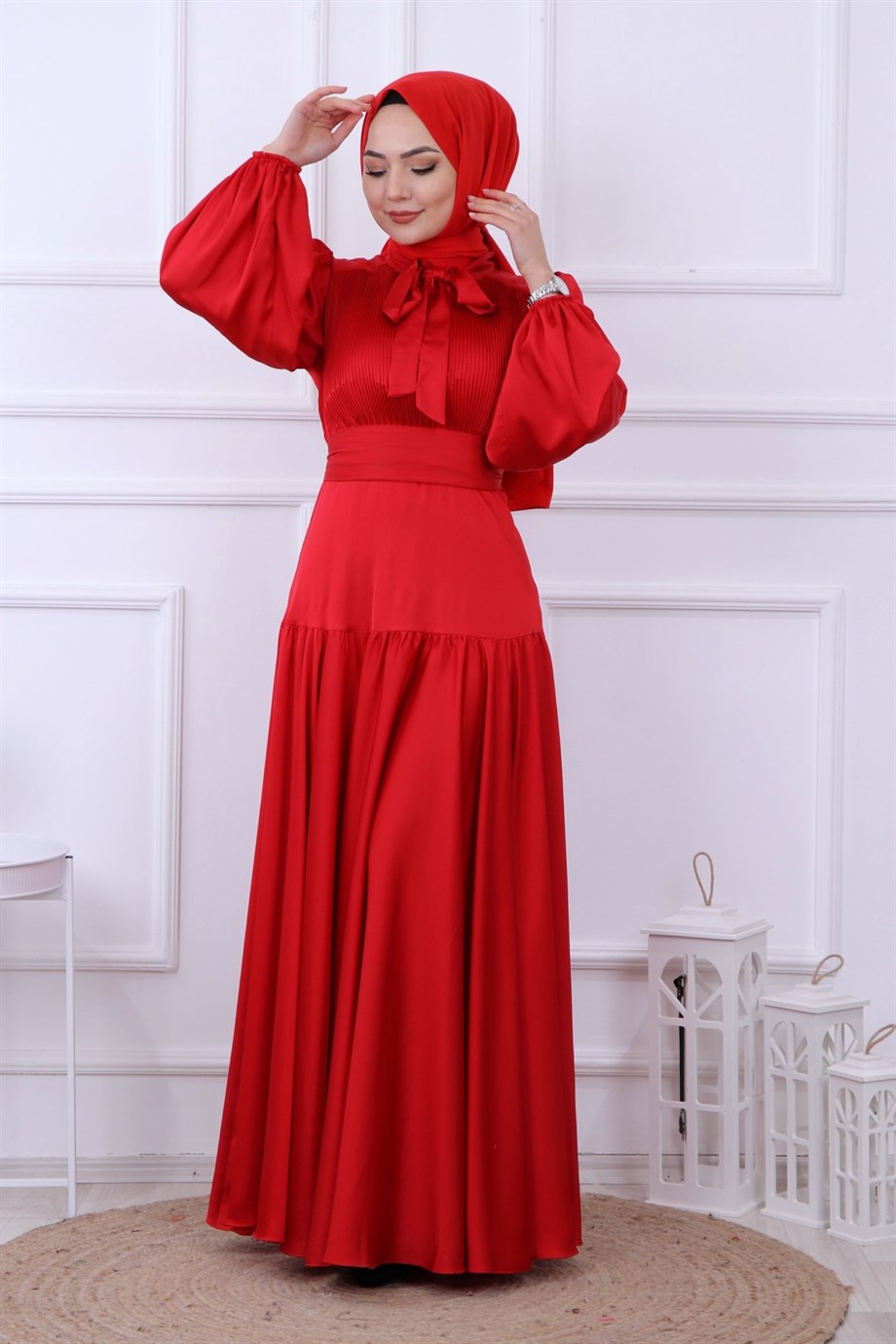 ÖNÜ DRAPELİ BALON KOL ELBİSE KIRMIZI