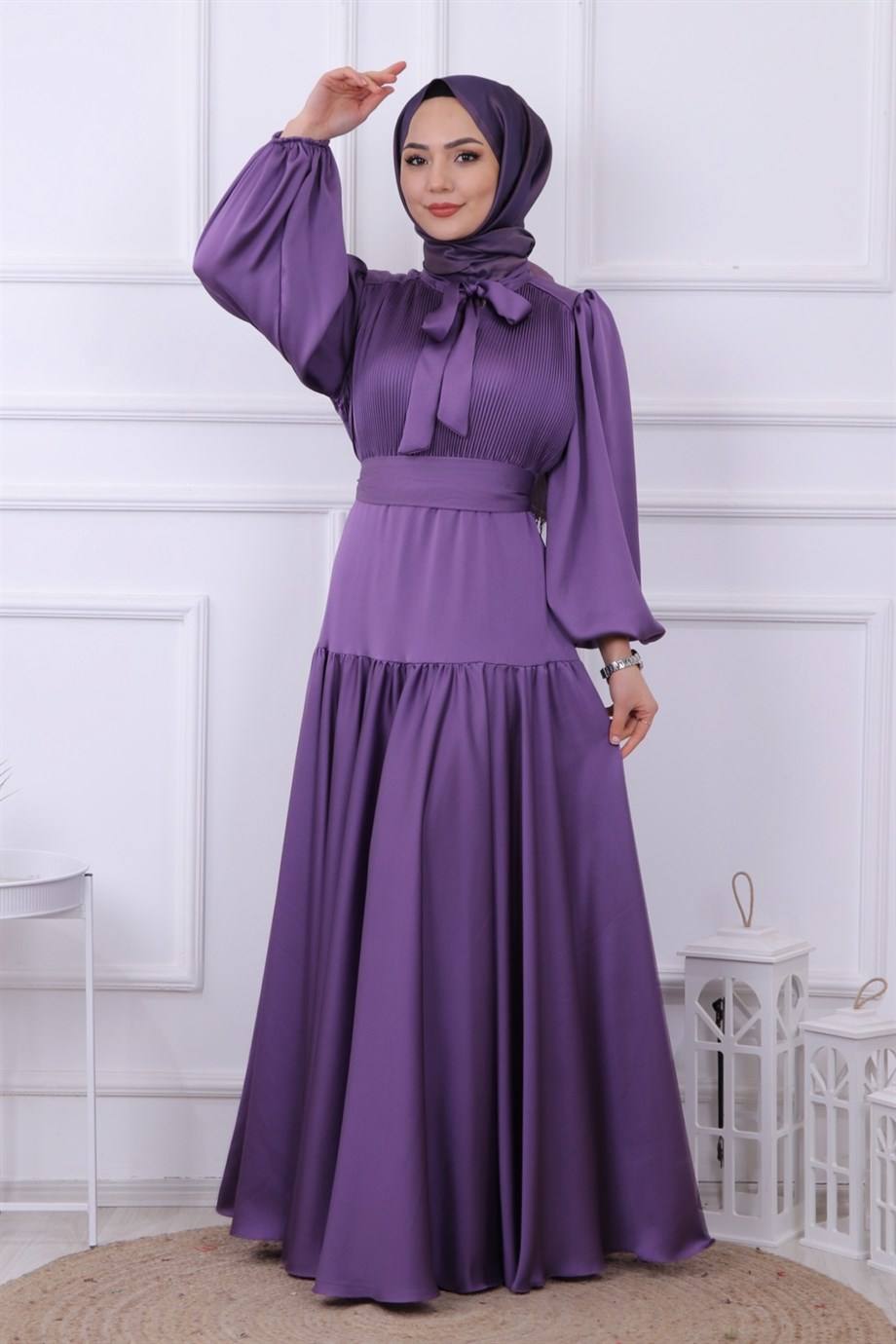 ÖNÜ DRAPELİ BALON KOL ELBİSE MOR