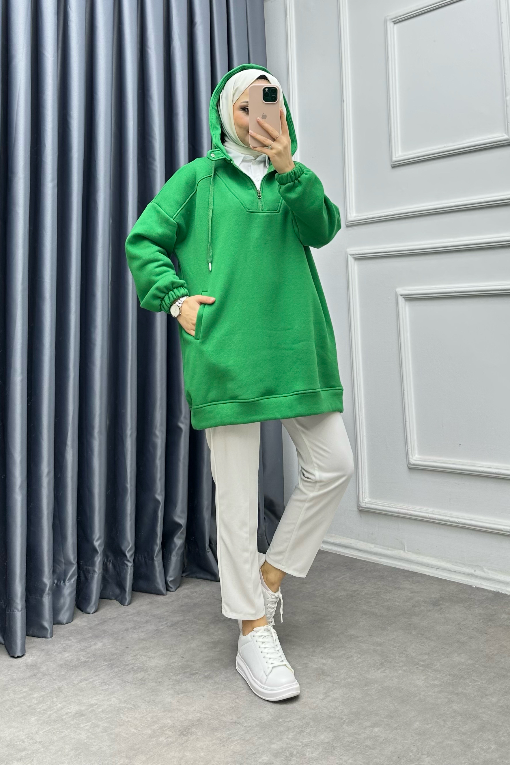 önü fermuar ve çıtçıt detaylı sweat Yeşil
